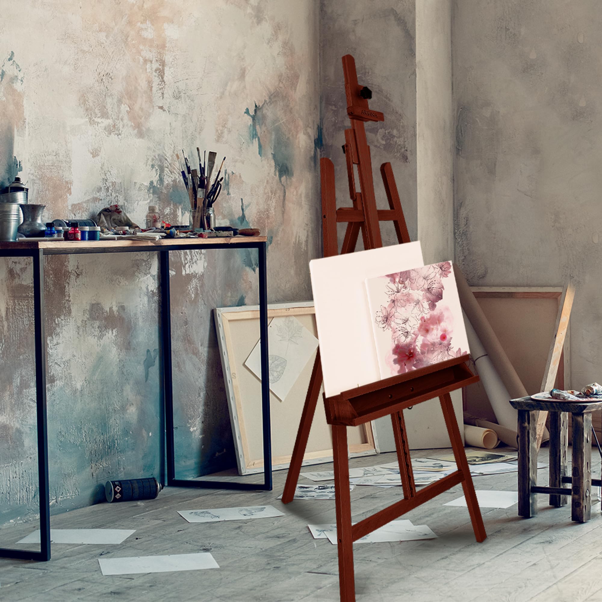 Artina caballete madera pintura profesional FSC® con doble soporte altura | bastidores con 120cm - 225cm ajustable para pintar lienzos grande Caballetes plegable bastidor pie atril oleo Barcelona
