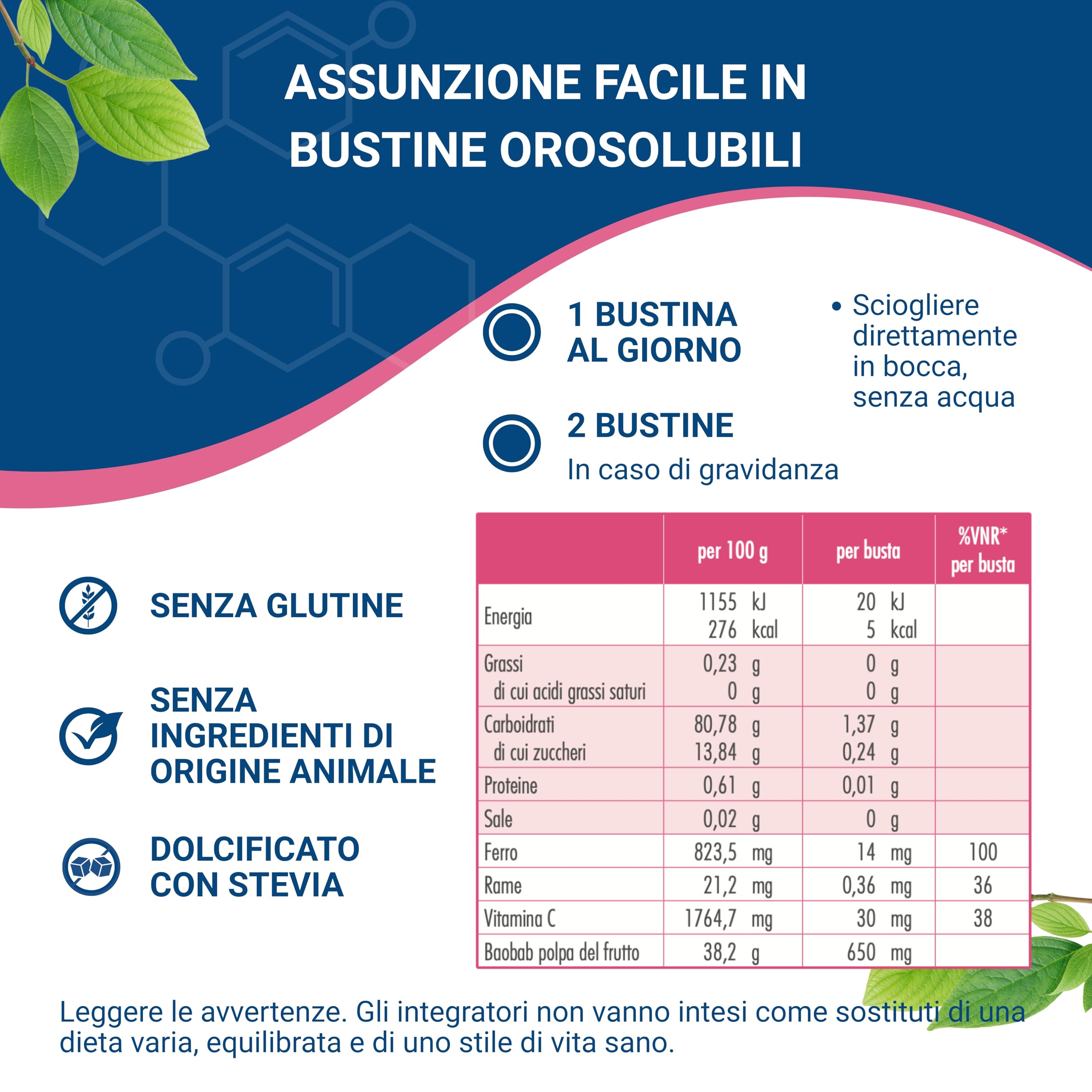 GUNA Ferroguna 28 Bustine Orosolubili - Integratore Alimentare a Base di Ferro, Rame, Vitamina C, con Polpa Disidratata del Frutto del Baobab
