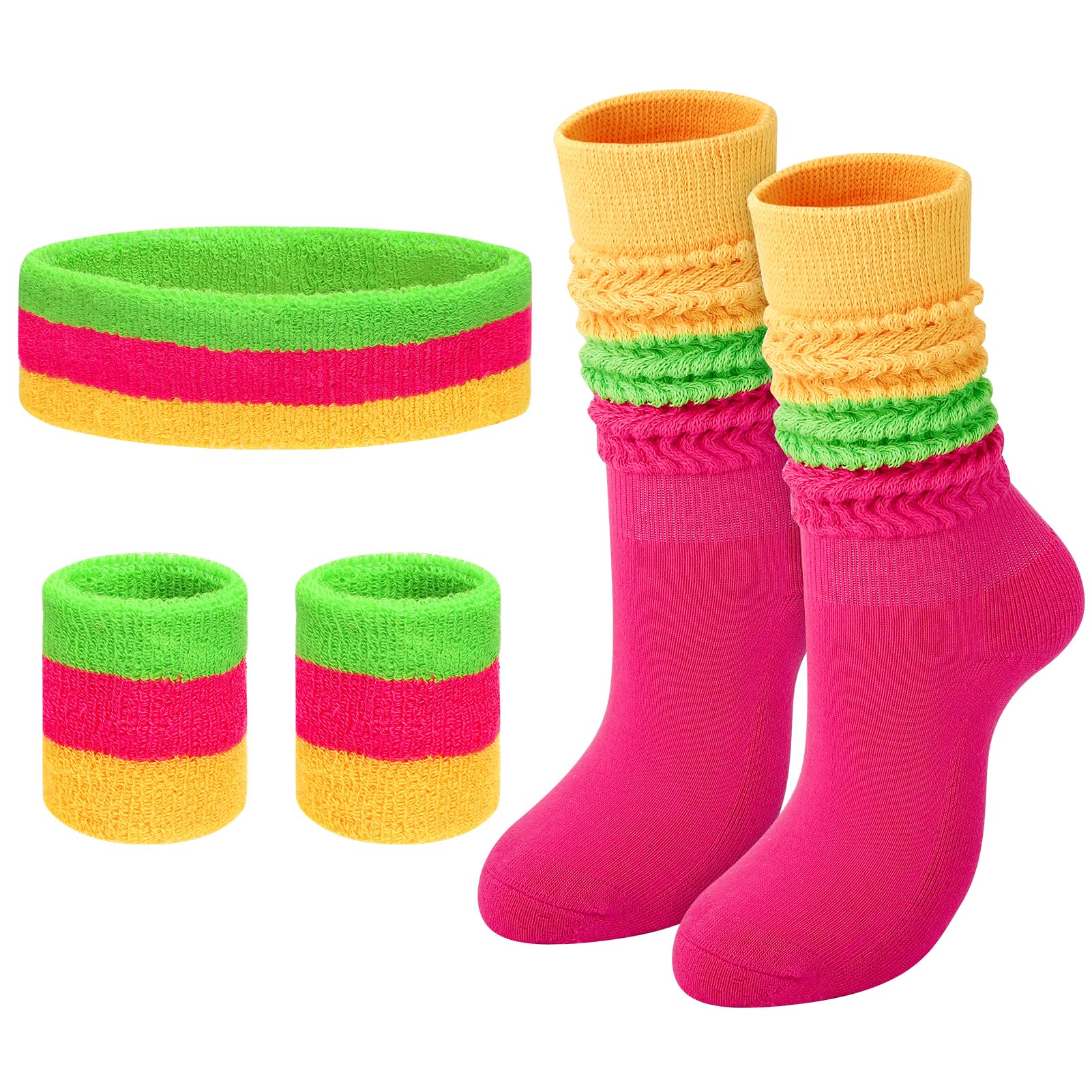 80s Neon Headband Wristbands and Socks Set, Sports Sweatband Wristbands and Socks For Women Men Athletic Running Exercise Gym Sports