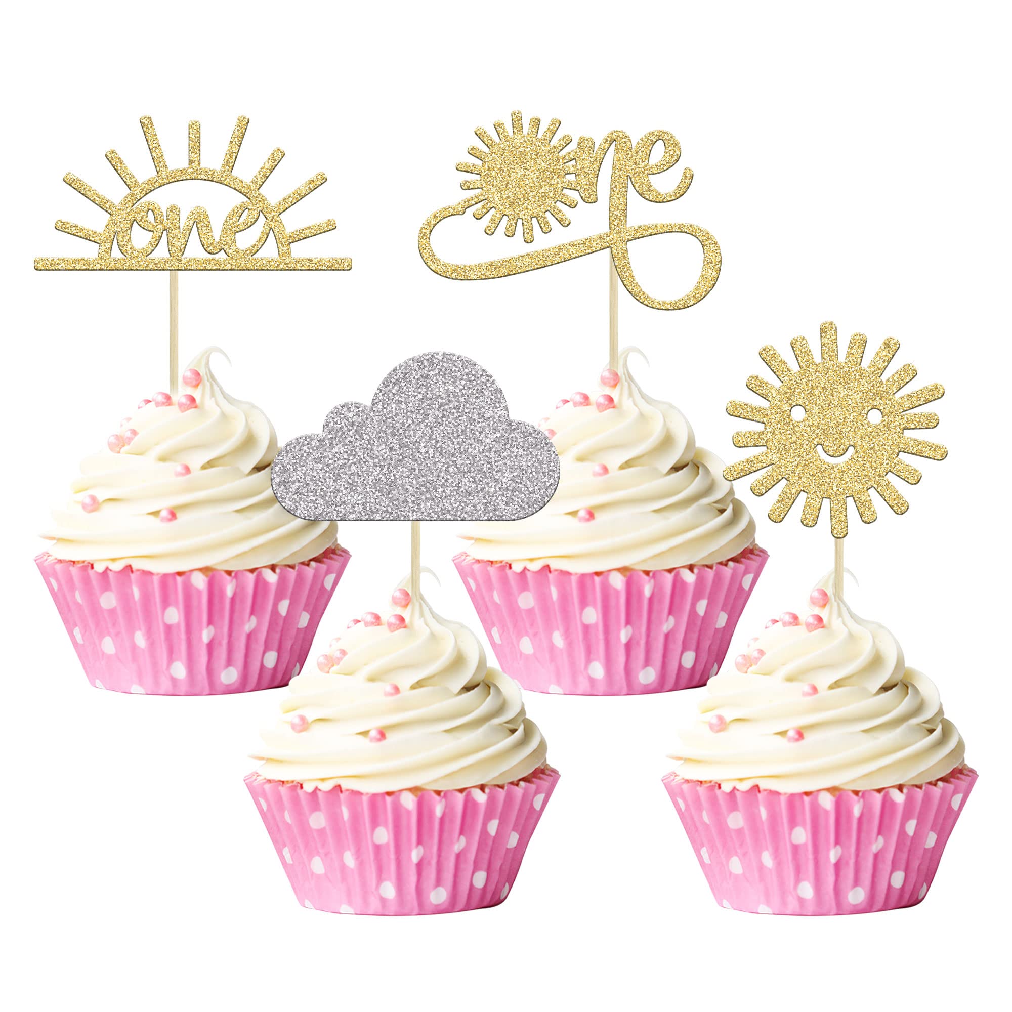 Gyufise 24Pcs Sunshine One Cupcake Toppers Gold Glitter Sun Smile Face Cloud You are My Sunshine First Birthday Cupcake Picks for Baby Shower 1st Birthday Party Decorations Supplies