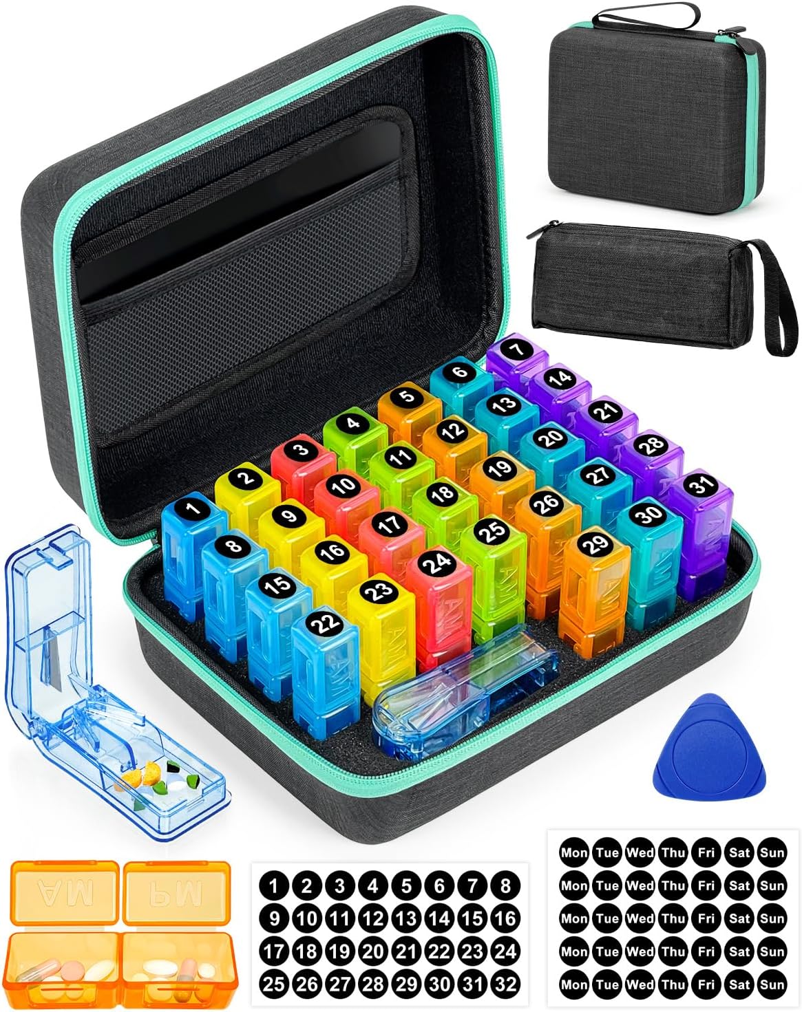 Monthly Pill Organizer 2 Times a Day, with Portable Hard Shell, Pill Cutter, 31-Day Box, Plastic Opening Pick, Monthly & Weekly Stickers, Convenient Medication Management (Green, 2 Times a Day)