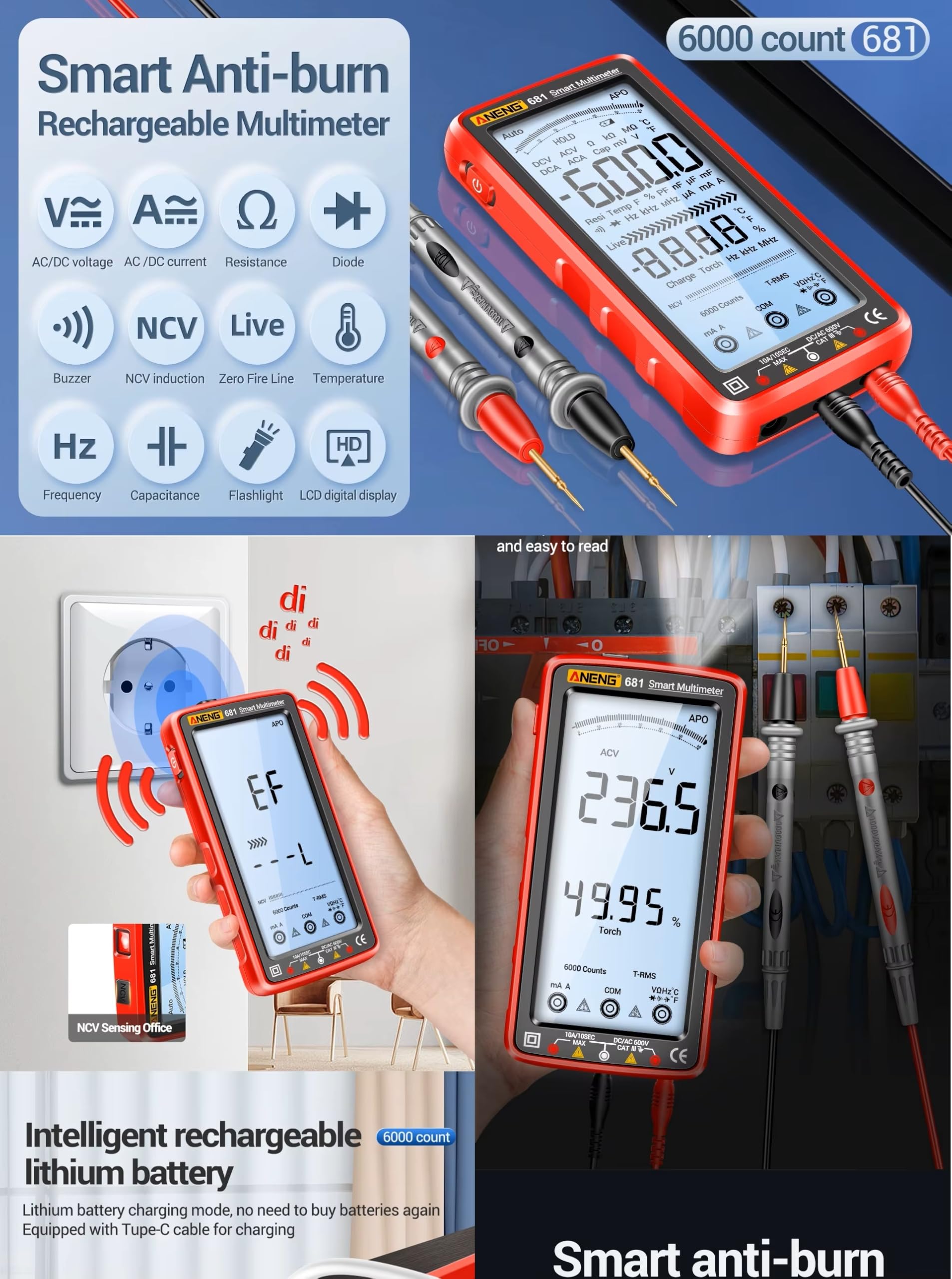 Multimetro digitale professionale ricaricabile 681 - Tester di scansione automatica RMS 6000 Count con rilevamento della tensione senza contatto, schermo LCD retroilluminato e torcia elettrica