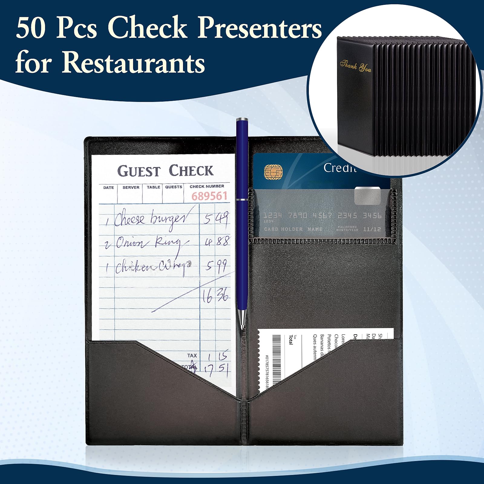 50 piezas de presentadores de cheques para restaurantes de 4 x 8 pulgadas, presentadores de cheques de invitados para restaurante, tarjetero, soporte de recibos con chequera de invitados para meseros