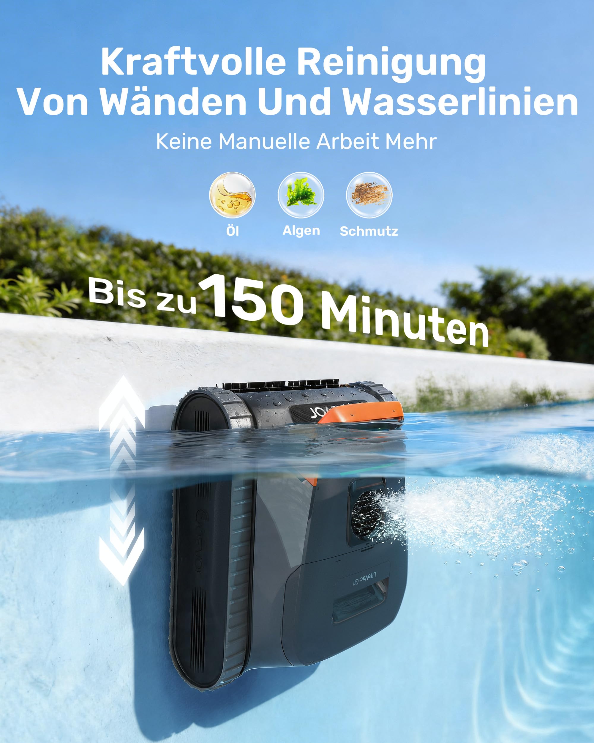 (2026 Neu) Gosvor Poolroboter Wand und Boden, Wasserlinie, Flachzone 4-in-1, Bis zu 200 Min. Laufzeit, Leichtgewicht 6,9 KG, 3μm Ultrafeiner Filter, Poolsuager Akku für Pools bis zu 200 m², Orange