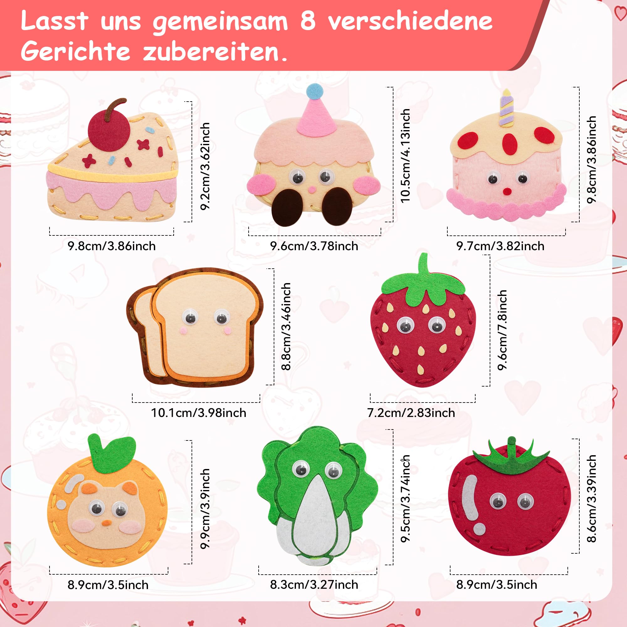 Kit Couture Enfant 8 Modèles En Feutrine - Fruits, Légumes, Gâteaux, Avec Fil, Aiguilles En Plastique Et Rembourrage, à Partir De 6 Ans