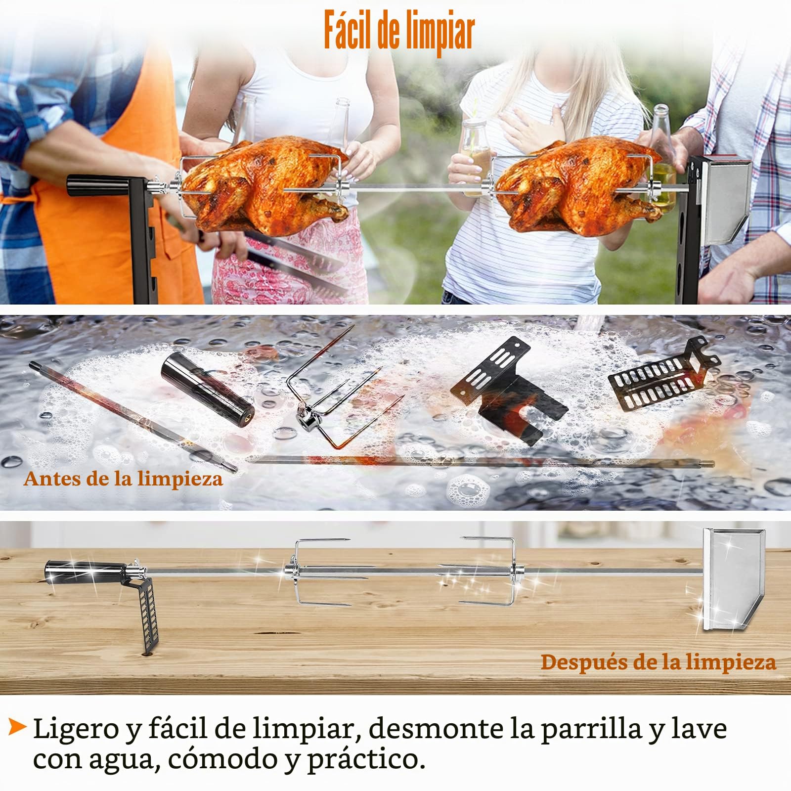 NAIZY Asador Giratorio Electrico para Parrilla de Gas Juego con Brocheta Incluye 2 agujas para carne y motor de Acero Inoxidable Barbacoa Asador 220V - 240V para asador y parrilla de gas