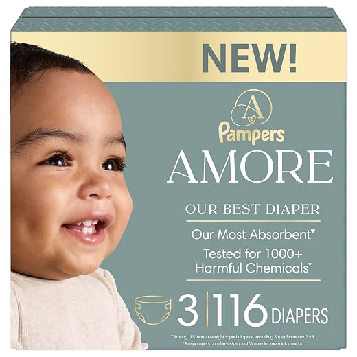 Pampers Amore, Size 3 (13-26 lbs), 116 Count, Our Best Diaper – Hypoallergenic & Fragrance Free, Up to 100% Leakproof, Soft as Cashmere