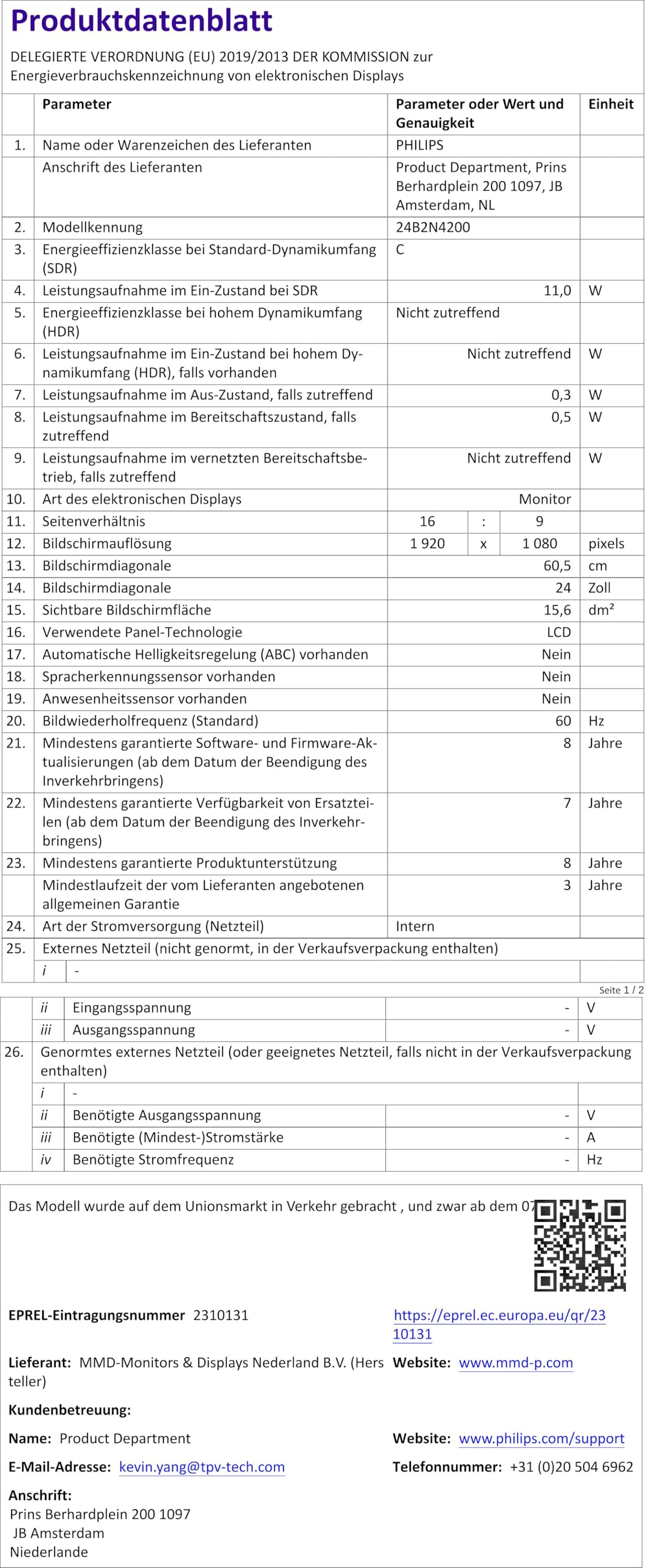 Philips 24B2N4200 Monitor 24 Zoll FHD – 120 Hz, IPS, Höhenverstellbar, Mit Lautsprechern & Blaulichtfilter