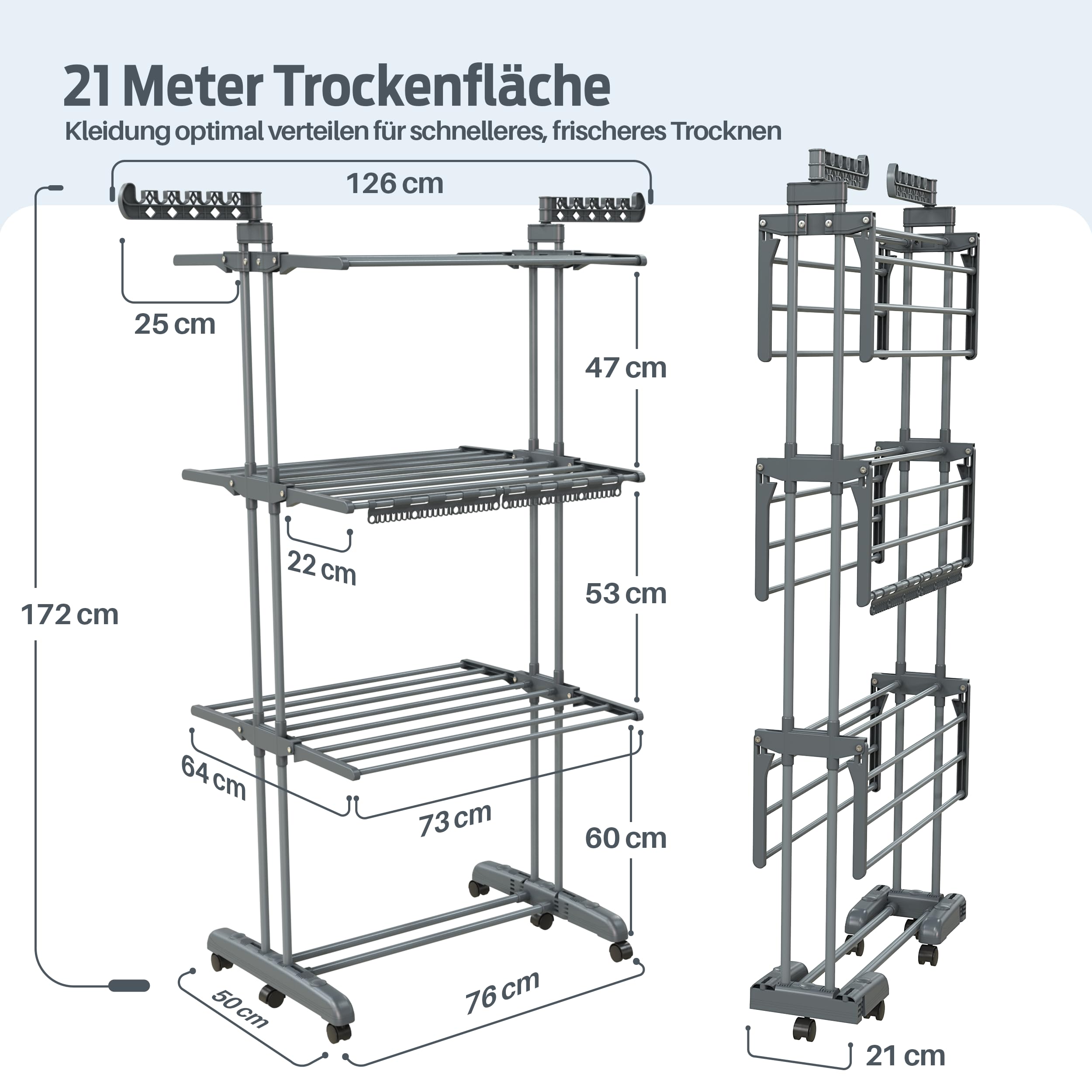 PORTENTUM Wäscheständer Turm klappbar mit 4 Ebenen und 24 Trockenstangen – Bis 40 kg – Wäschetrockner Ständer mit 2 Sockenhaltern – Für Innen- und Außenbereich – Rollen mit Feststellbremse