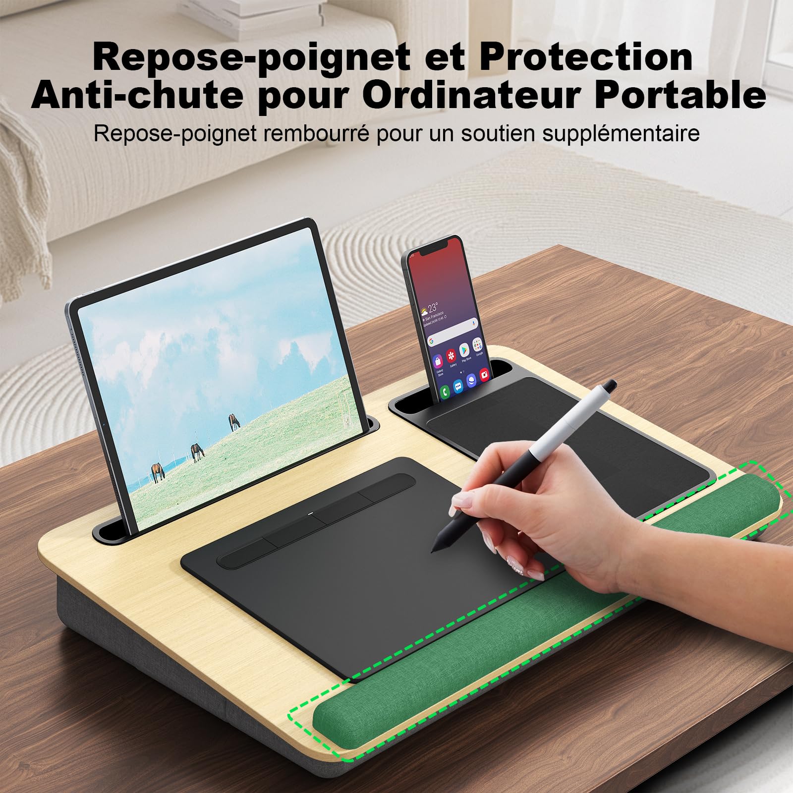PUTORSEN Bureau Portable pour Ordinateur Portable jusqu'à 17,3 Pouces avec Coussin d'oreiller et Tapis de Souris, Jaune