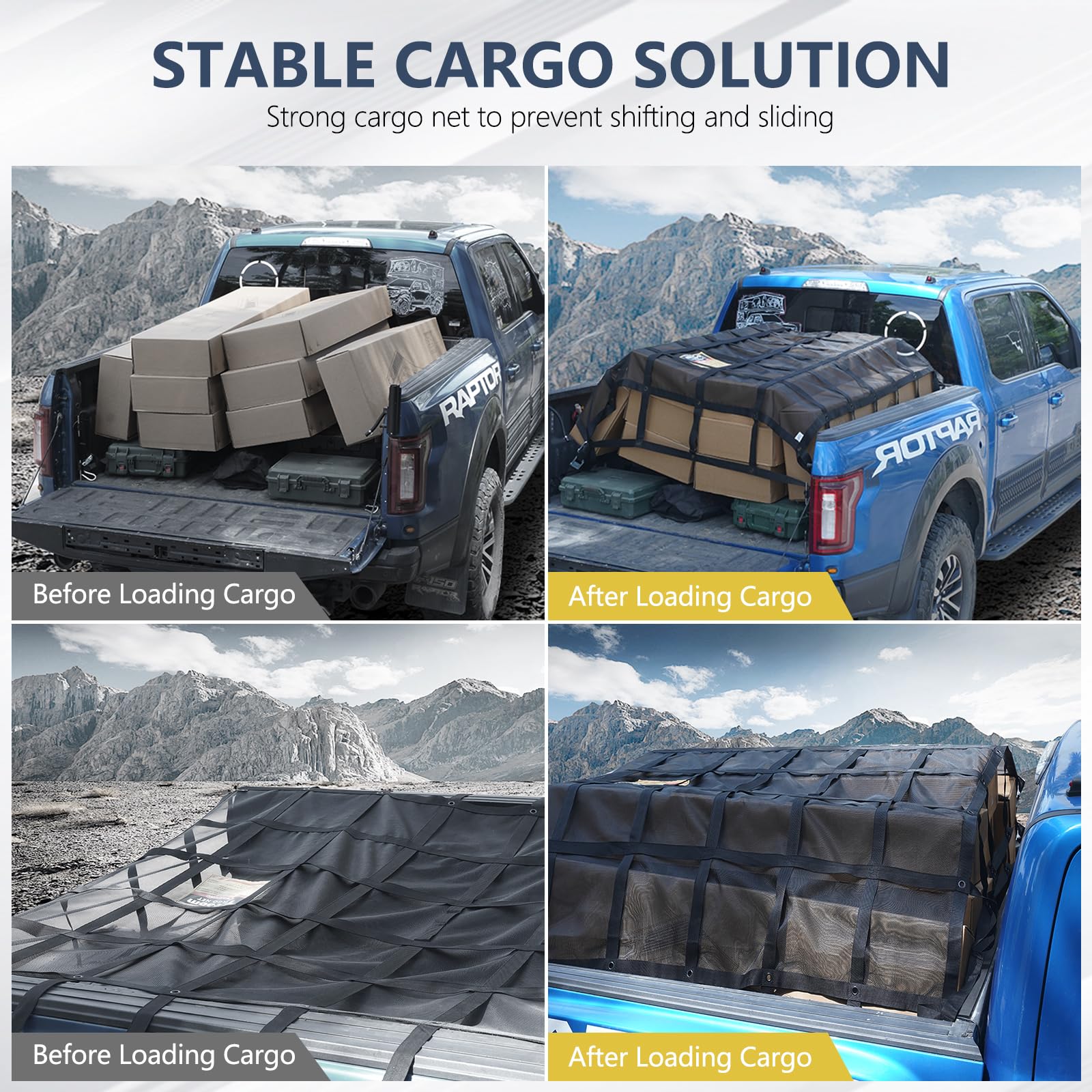 Tecoom Strapazierfähiges Gepäcknetz für Pickup-LKW-Bett, 12 x 13 cm, verstellbare Nockenschnallen, S-Haken und Kreuzgurt, 0,7 kg Kapazität, Gepäcknetz, LKW-Zubehör (147,3 x 155,9 cm)