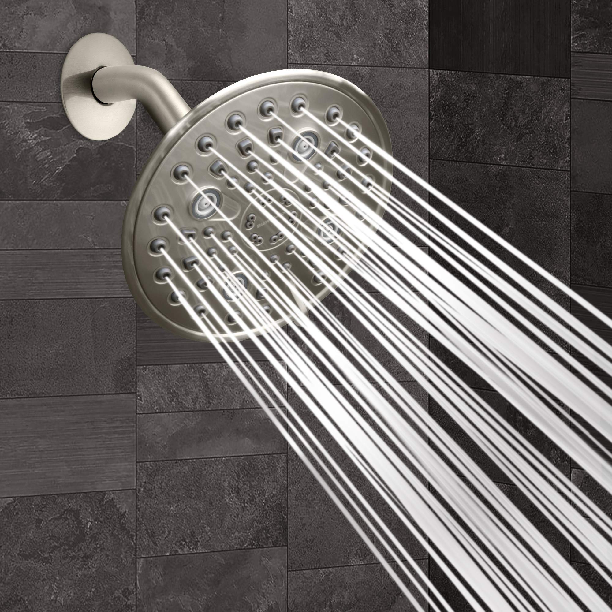 ShowerMaxx, Elite Series: Brushed Nickel Rain Shower Head, 6 Inch 6 Spray Settings Adjustable Rainfall Showerhead with 360 Degree Tilt, Experience MAXX Comfort and Elegance (Brushed Nickel)