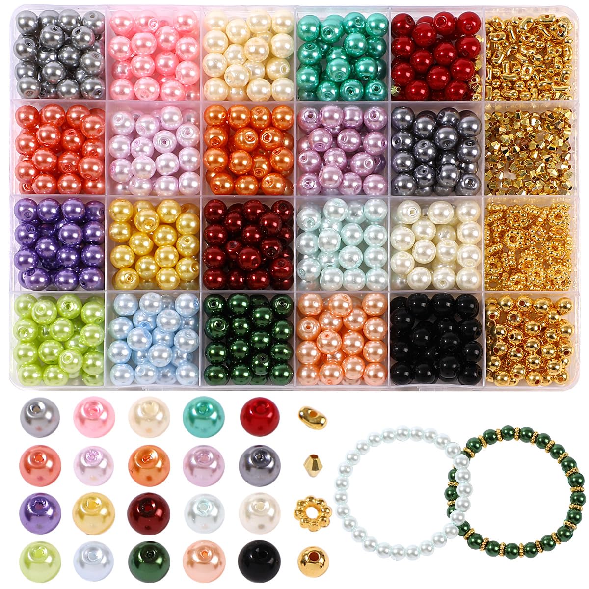 750Pcs Pearl Beads for Bracelets Making Kit -20 Colors 8mm Pearl Beads with Gold Spacer Beads for DIY Craft Bracelet Necklace Earrings Jewelry Making,