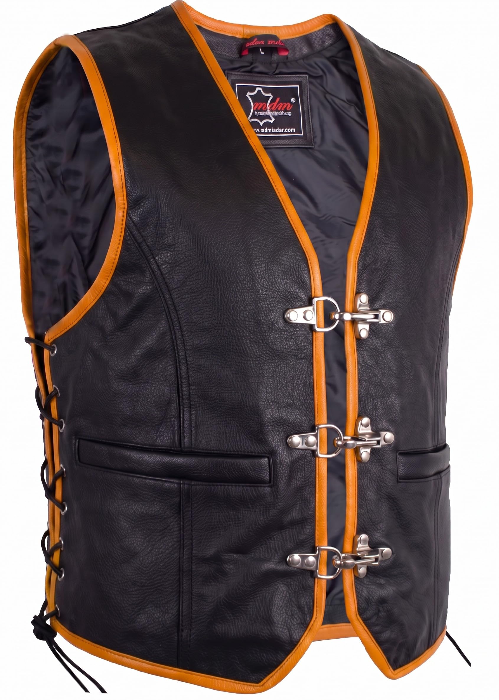 MDM Gilet Giacca Uomo in Pelle nero con i supplementi d'arancio (XL)