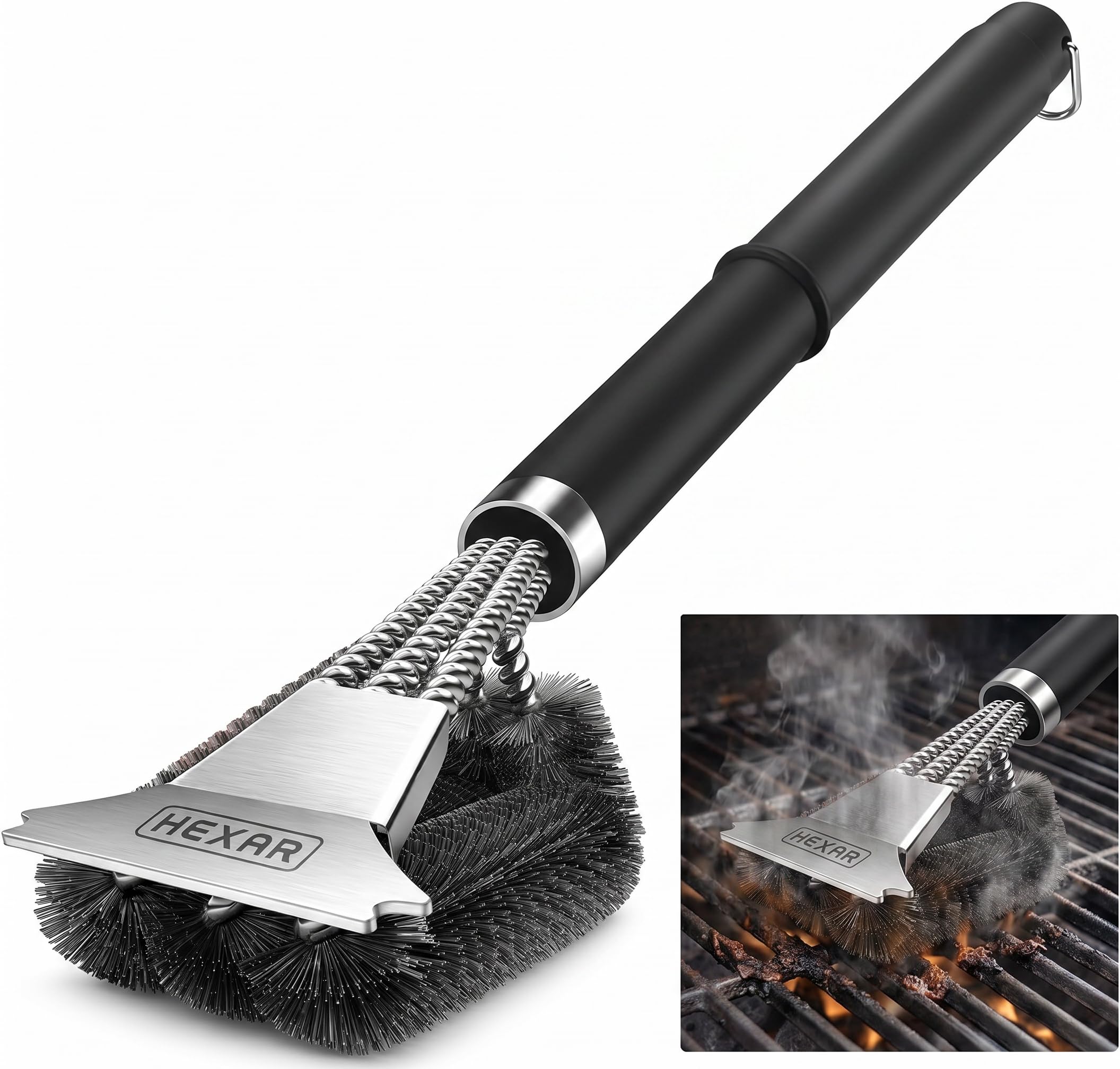 HEXAR Grillbürste, Barbecue Grill Reinigungsbürste Kombination aus Bürste mit Schaber, BBQ Reinigungsbürste mit Edelstahlborsten und extra langem PP-Griff