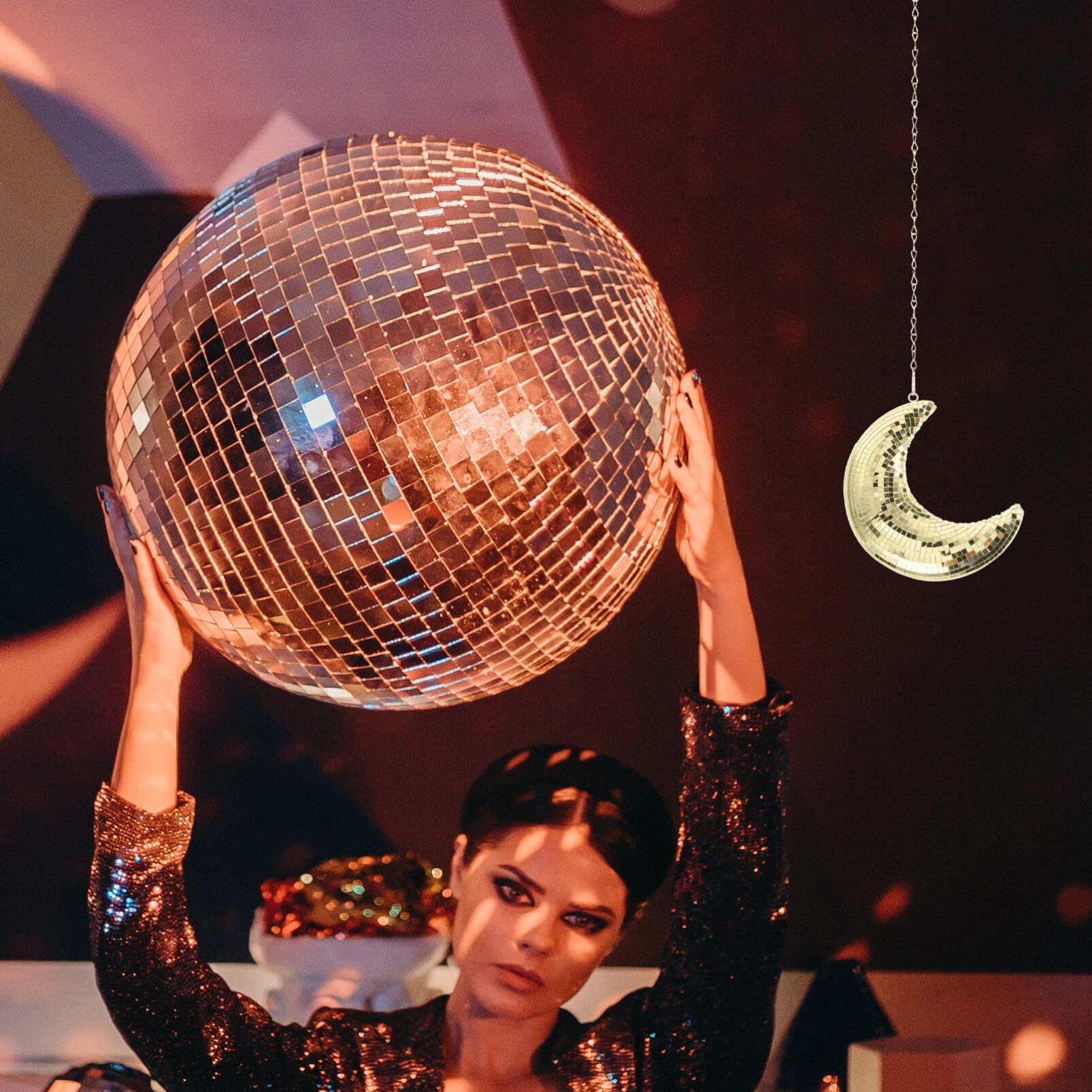 DOITOOL Mirror Moon Disco, Hanging Moon Shape Disco Diffuser with 20in Chain for Disco Party, Halloween Christmas Tree Ornaments, Silver Mosaic Locker Decorations?Golden?