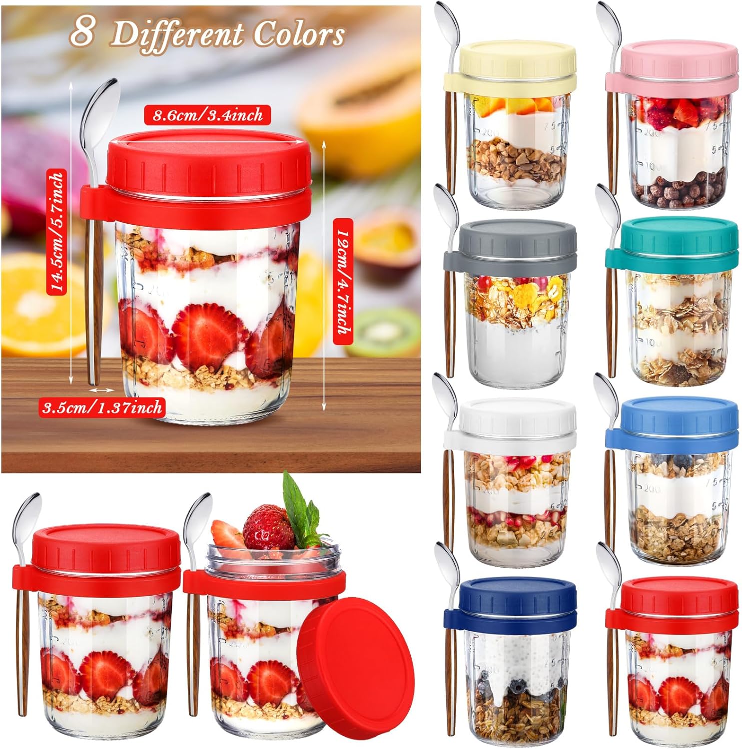 Layhit 8 Sets 16 oz Overnight Oats Containers with Lids and Spoons Summer Large Glass Mason Jars for Overnight Oats with Measurement Marks Oatmeal Container for Milk Cereal Fruit(Multicolor)