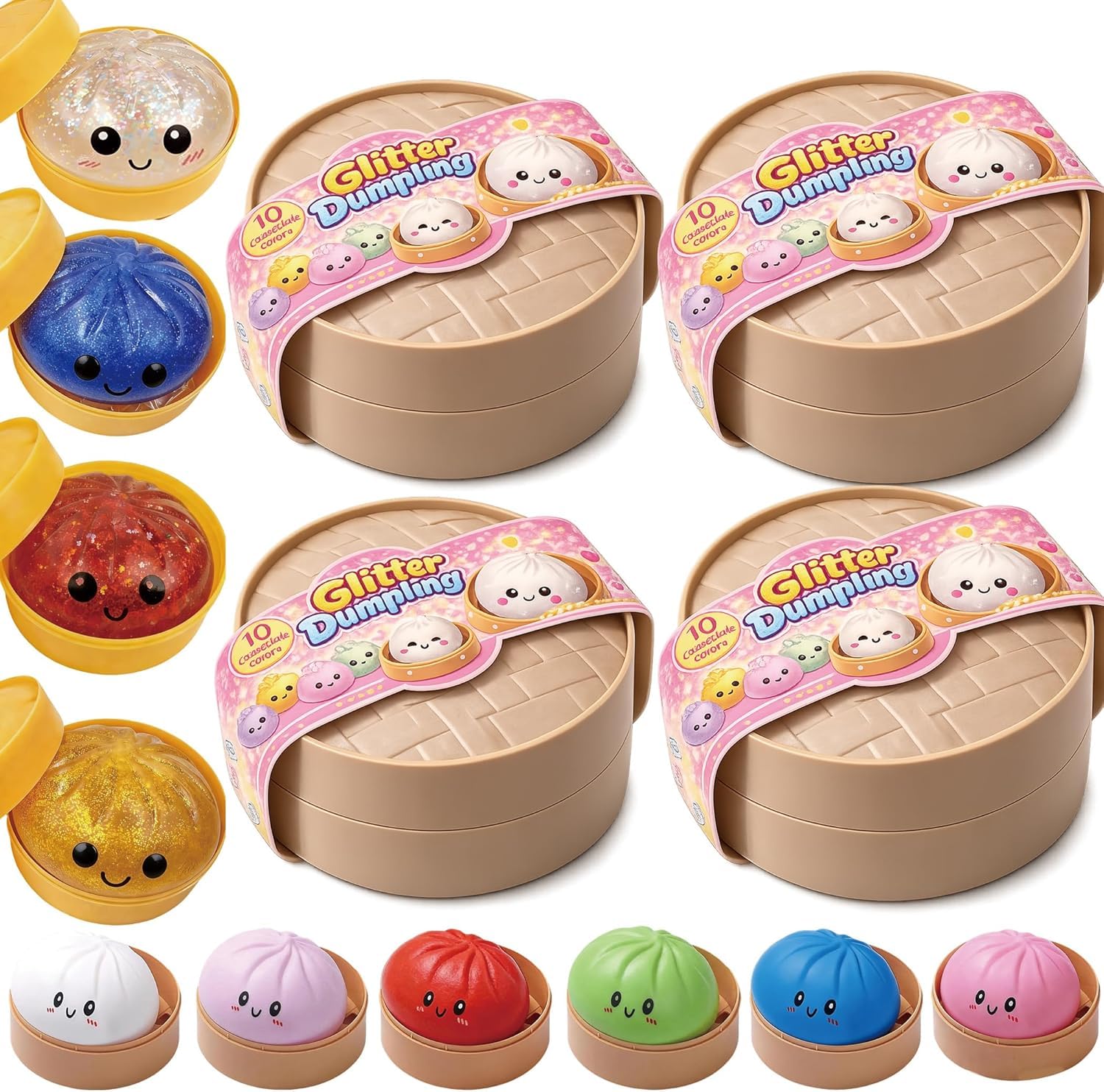 JOJOHOMY Dumpling Squishies, Glitter Dumpling Toy, Colorful Dumplings Stress Relife Toy, Stuffers with Food Steamer Desk Toys (4 Pack Random)