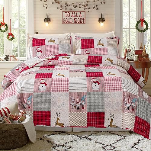 Jessy Home Christmas Bedding Set Queen Christmas Quilt Bedspread Pink Gnome Santa Claus Plaid Patchwork Xmas Quilt Bedding Decor Winter Snowman Elk Lightweight Reversible Bedspread Coverlet