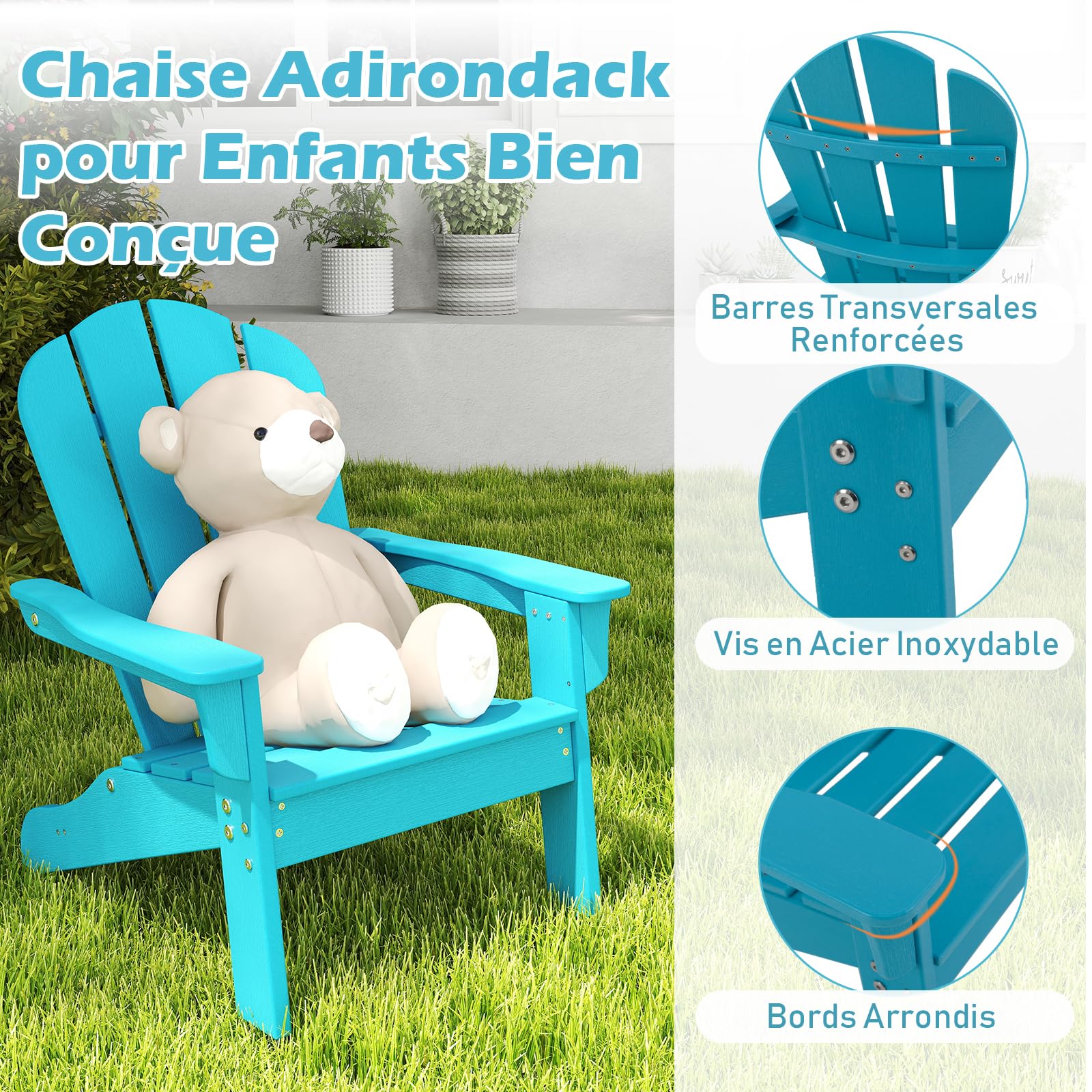 DREAMADE Chaise Adirondack Enfants Imperméable, Chaise de Camping en HDPE avec Dossier Haut et Accoudoirs,Fauteuil de Jardin d'Intérieur et d'Extérieur (Bleu,1 Piece)