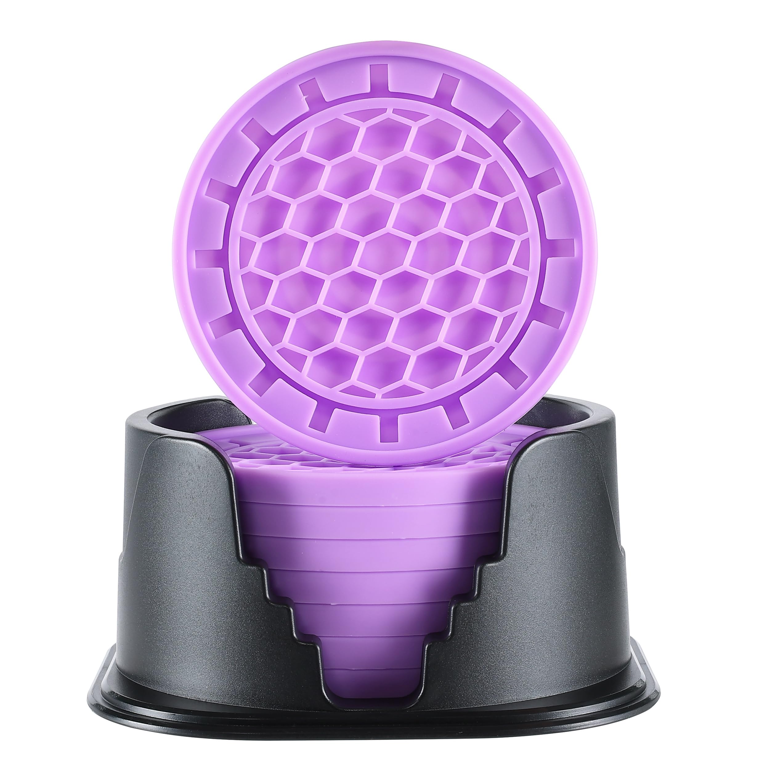 Amooca Silicone Coasters 8 Pack with Holder Anti-Slip Non-Stick Drink Coaster Deep Tray Cup Mat for Hot or Cold Drinking Purple Gear