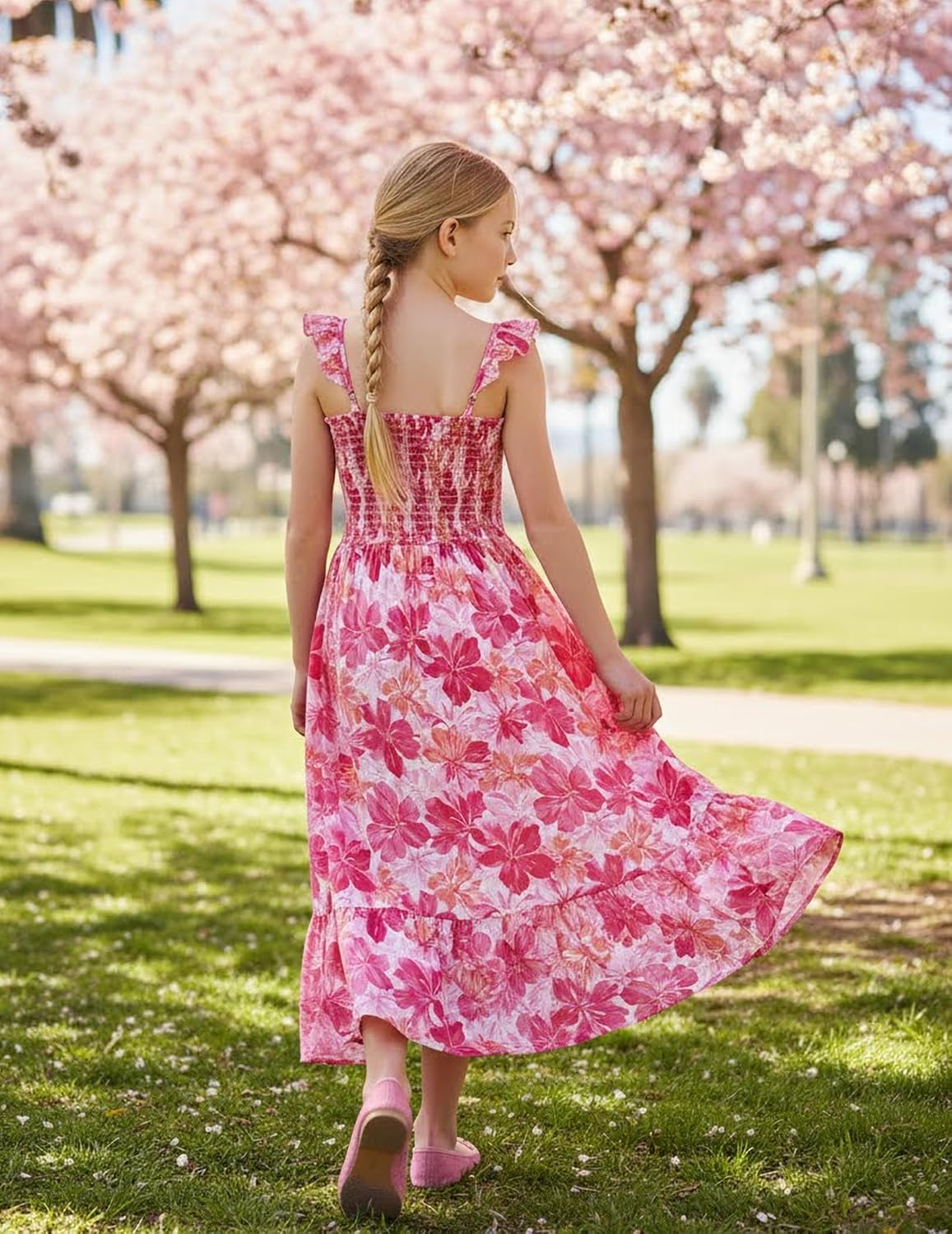 Sunny Spirit Girl's Summer Floral Dresses Kids Cute Ruffle Sleeve Smocked Flowy Dress 6-14 Years - Image 3