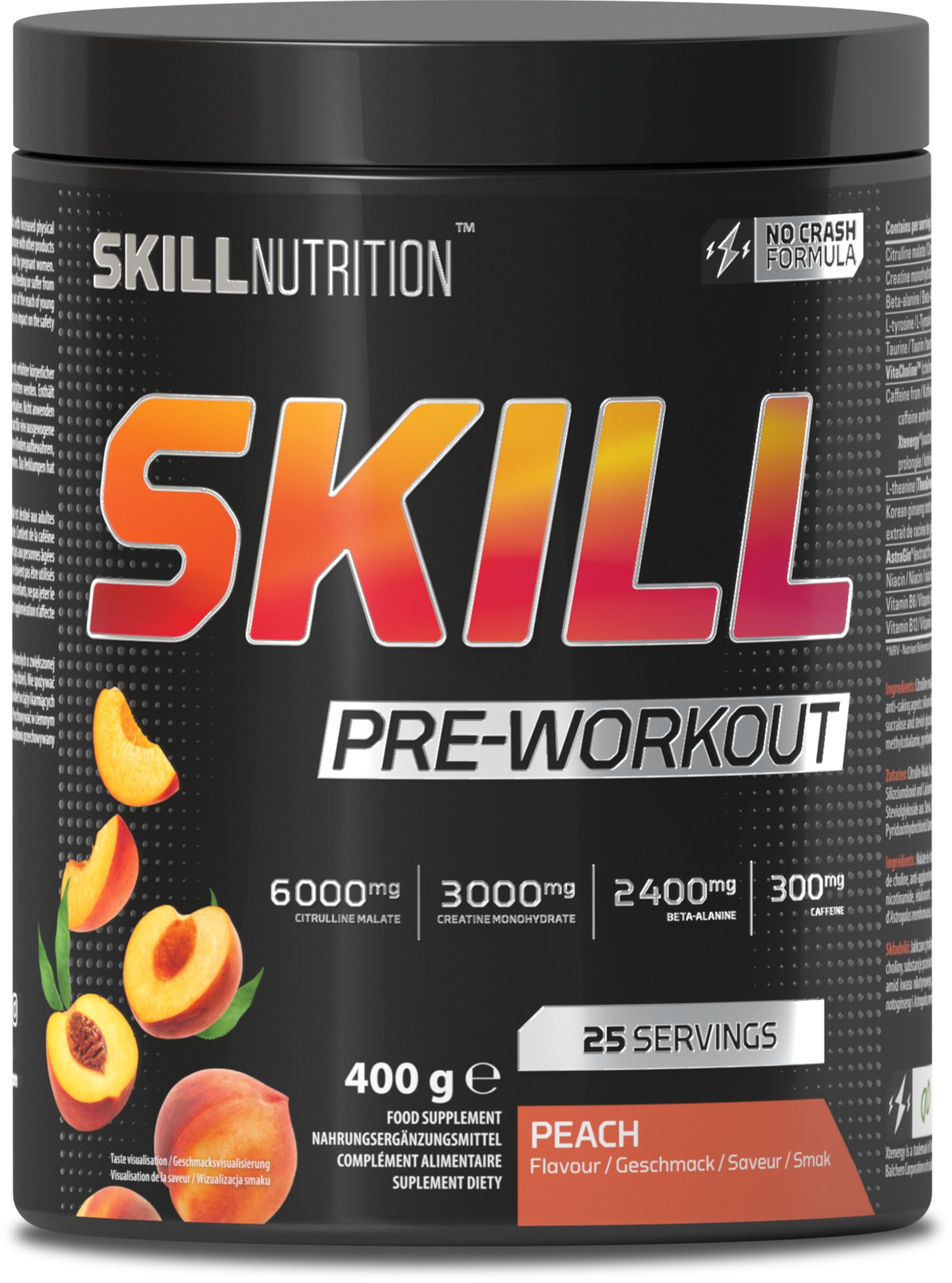 Skill Nutrition Pre-Workout Peach - No-Crash Formula with Extended-Release Caffeine | Xtenergy®, TheaGreen™, Vitacholine®, Astragin® | Vegan, Halal | B-Vitamins, Citrulline, Beta-Alanine