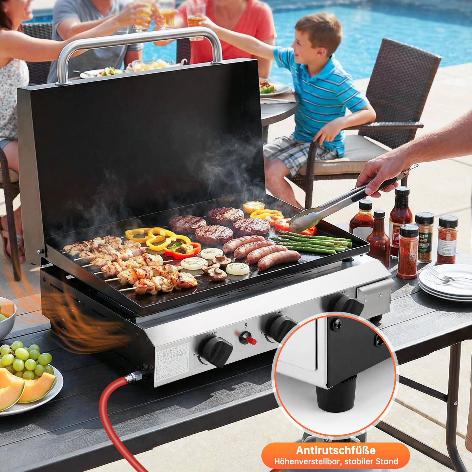 LIFERUN Tragbarer Tischgrill mit 3 Edelstahl-Brenner,Kompakter Gasgrill mit Deckel 7.2KW,Campinggrill mit Keramische Lackbeschichtung Grillplatte(58×35cm),Balkongrill für Terrasse,Garten,Picknick BBQ