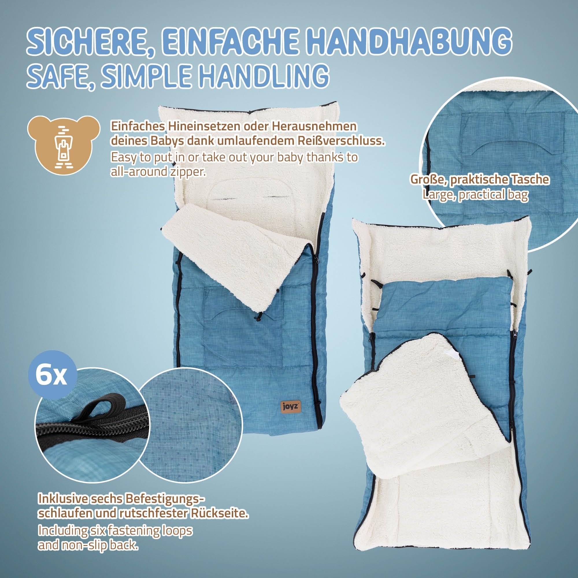 Joyz Saco Cubrepiés para Bebé Manta Capazo Azul Vaquero Poliéster 94x48x10 cm Forro Cálido para Invierno Universal Reposacabezas y Cremallera para Cochecito/Silla de Paseo con Aberturas para Cinturón