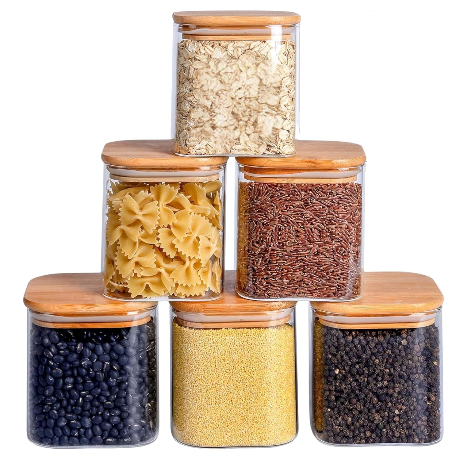 Jinelza Glass Canisters Food Storage Containers Set With Airtight Bamboo Wooden Lids - Food Storage Glass Jar for Candy, Cookie, Rice, Sugar, Flour, Pasta, Nuts (750ML SQUARE JAR, 4 PCS)
