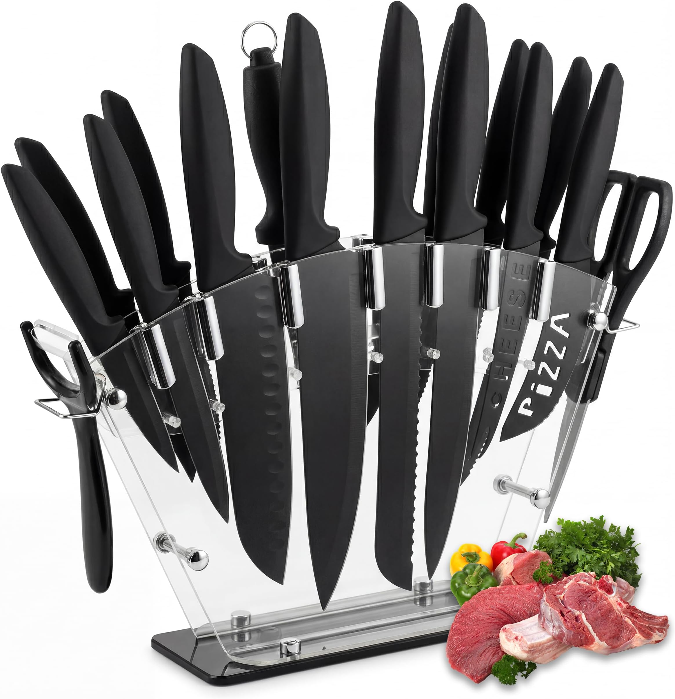 Kitchen Knife Set with Block, 19 PCS High Carbon Stainless Steel Knife Set, includes Serrated Steak Knives Set, Chef Knives, Bread Knife, Dishwasher Safe, Anti-slip Handle, Black