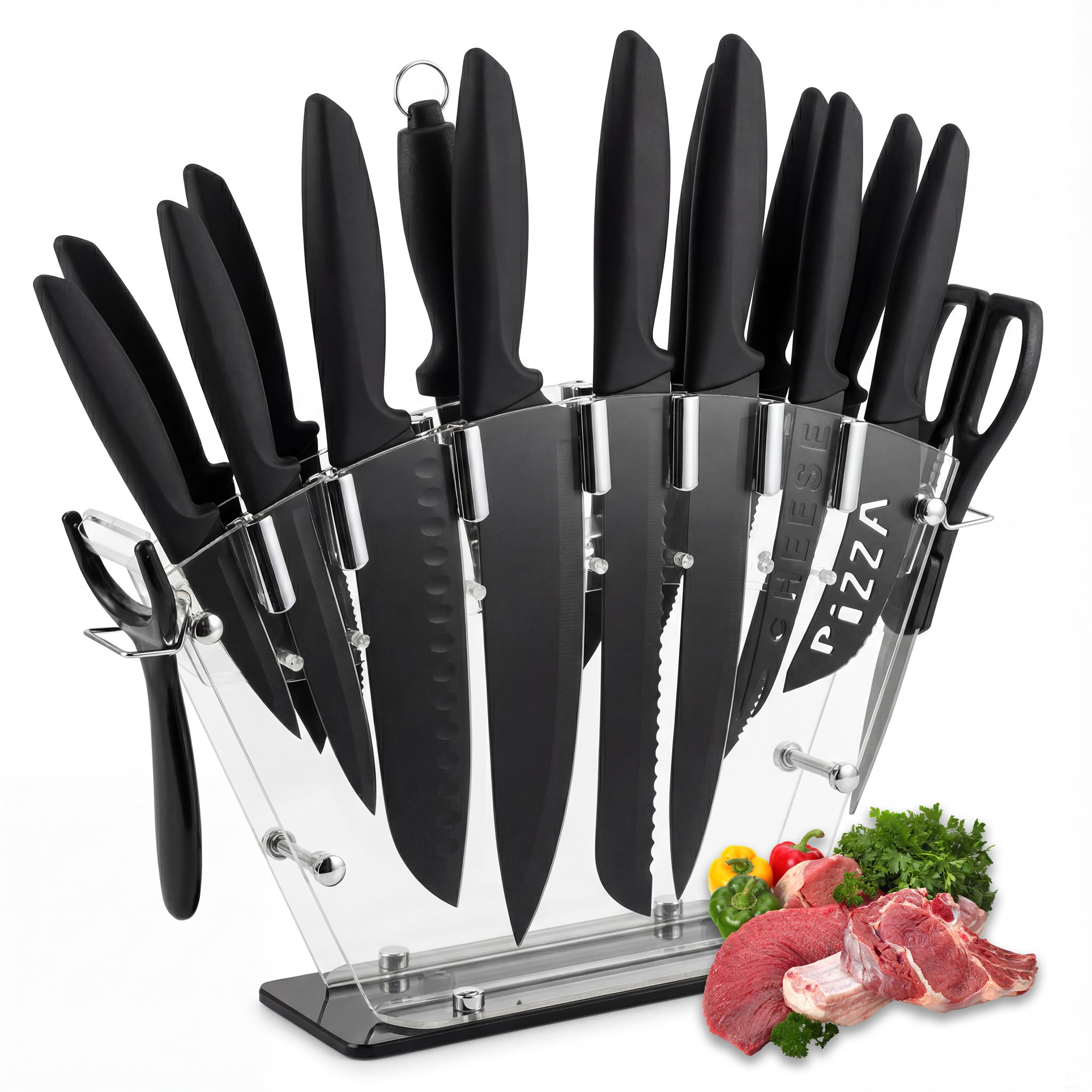 Kitchen Knife Set with Block 19 PCS High Carbon Stainless Steel Knife Set includes Serrated Steak Knives Set