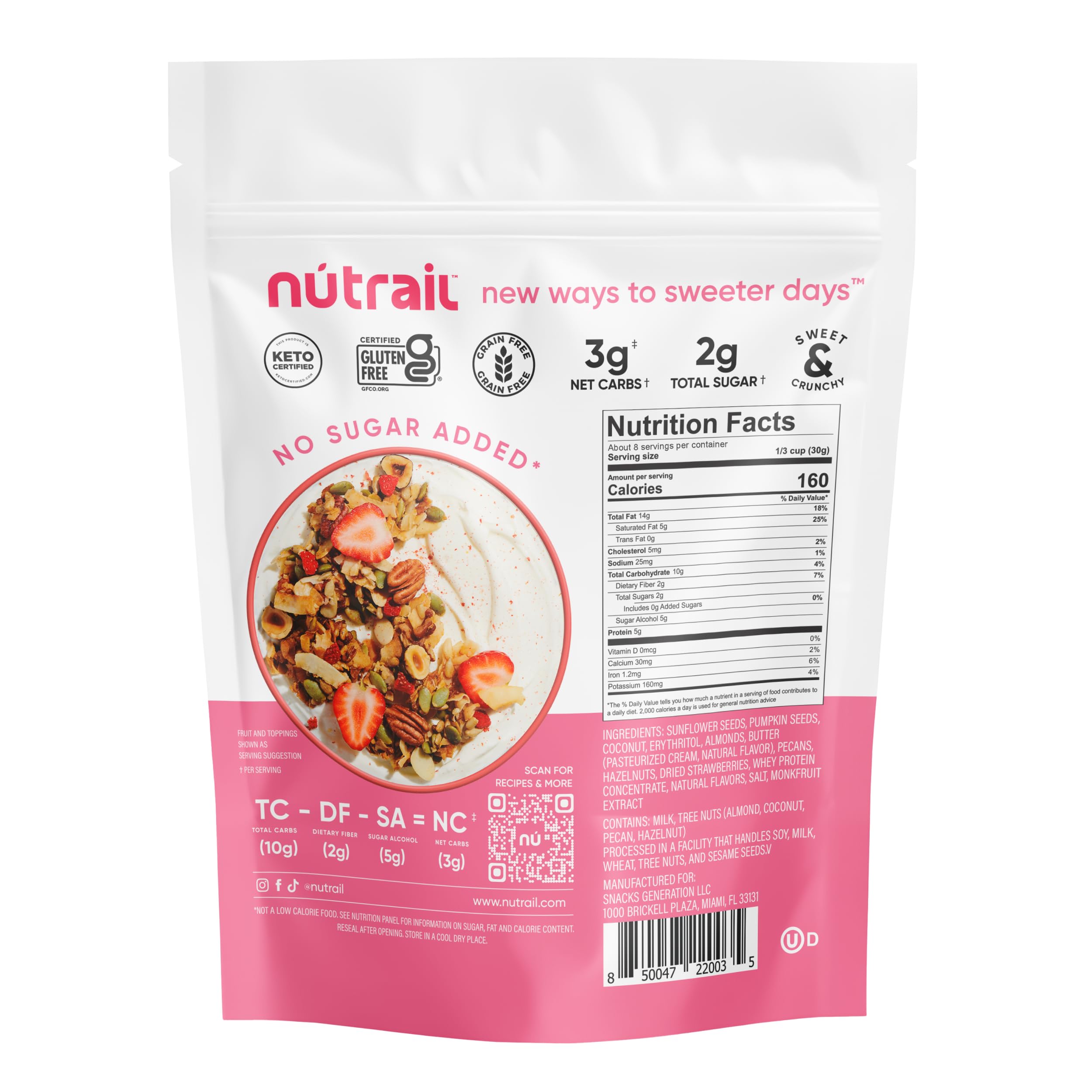 NuTrail Nussmüsli, Vanille-Erdbeere, ohne Zuckerzusatz, Keto, Low Carb, glutenfrei, getreidefrei, gesundes Frühstück, 237 ml, 6 Stück
