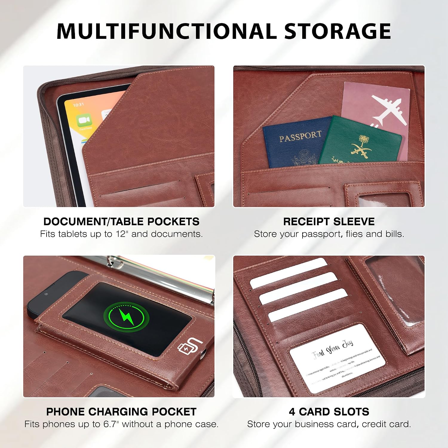 Ospelelf Zippered Padfolio Organizer, Faux Leather 3 Ring Binder with Clipboard, Letter Size Business Portfolio with Notepad, Tablet Sleeve & Phone Pockets for Office Work Brown