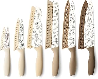 CAROTE 12PCS Knife Set, Kitchen Knife Set with 6 Blade Guards, Stainless Steel Knives Set With Nonstick Ceramic Coating, Rustproof, Delicate Floral Designs, White