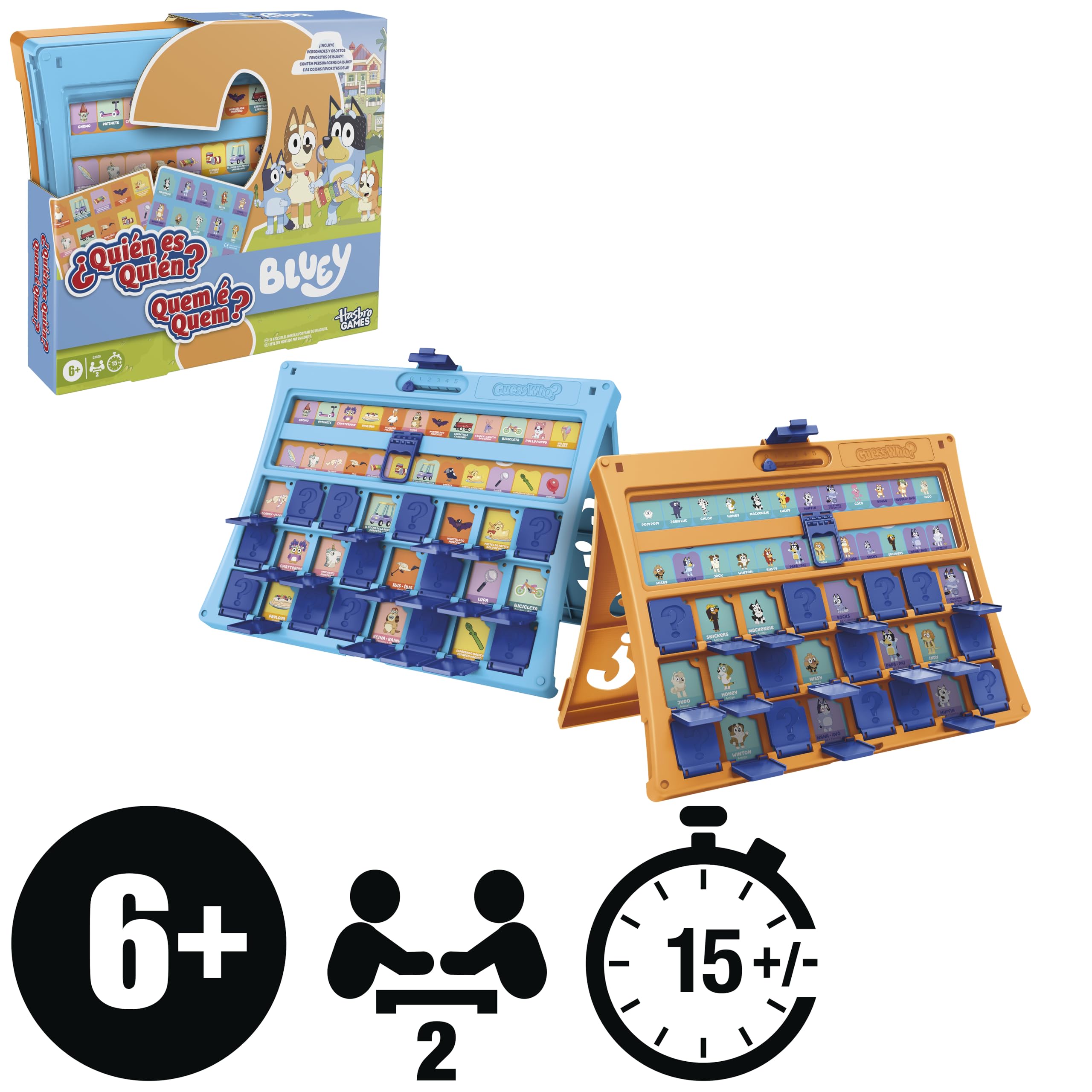 Juego para niños ¿Quién es quién? edición Bluey, Juegos de Mesa Familiares y de Viaje, 6+ - Versión en español - portugués