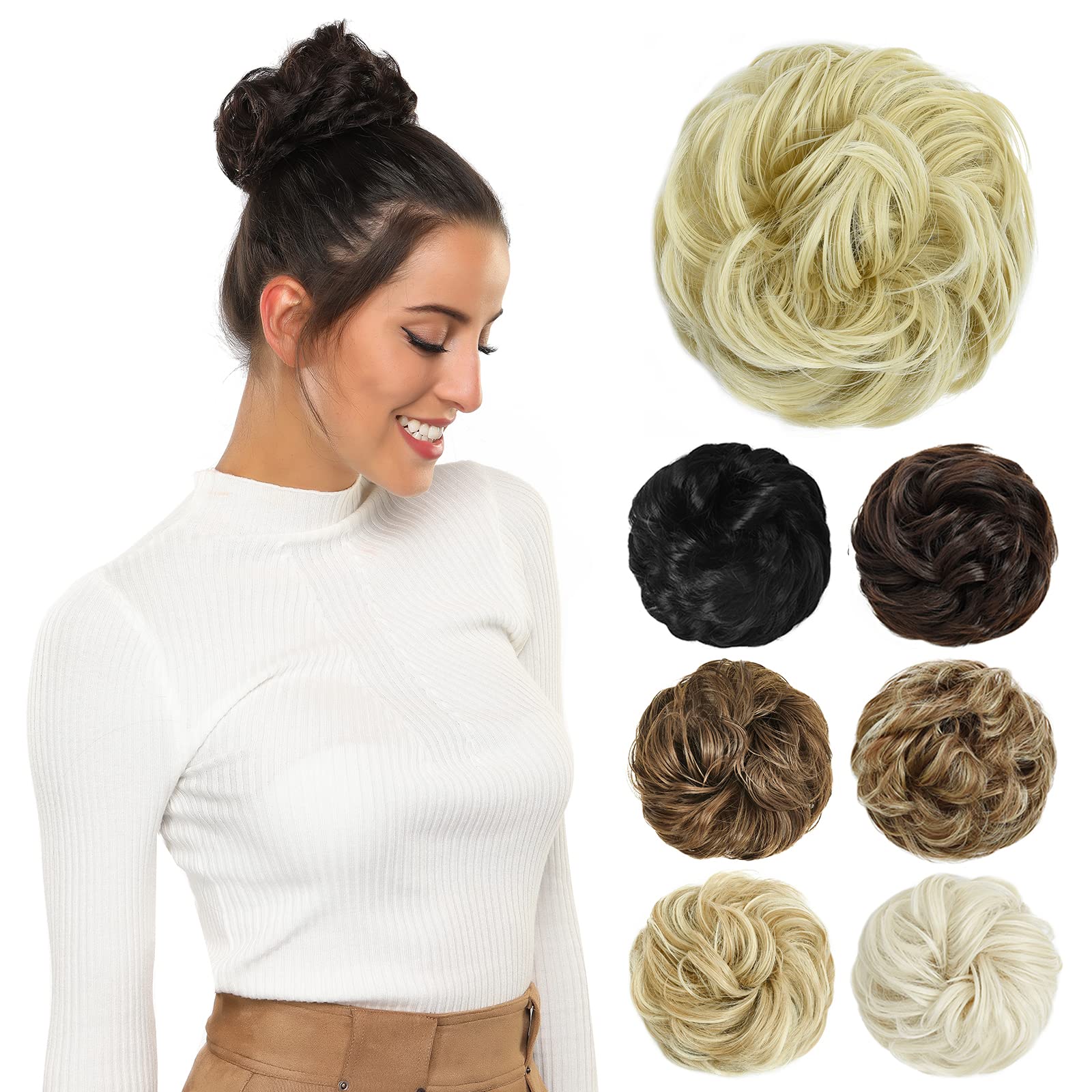 PARXITN Dutt Haarteil mit Gummiband Gelockt für Messy Bun Pferdeschwanz Haarverlängerung als Haargummi mit Haaren für Hochsteckfrisuren Damen 45g Naturblond