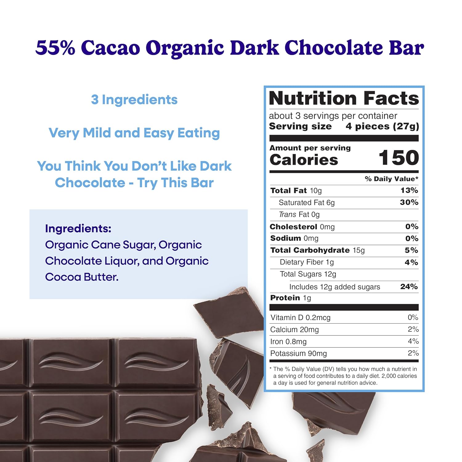 Pascha Organic Dark Chocolate Bars 55% Cacao, Gluten Free & Non GMO, 2.8 oz, Pack of 10
