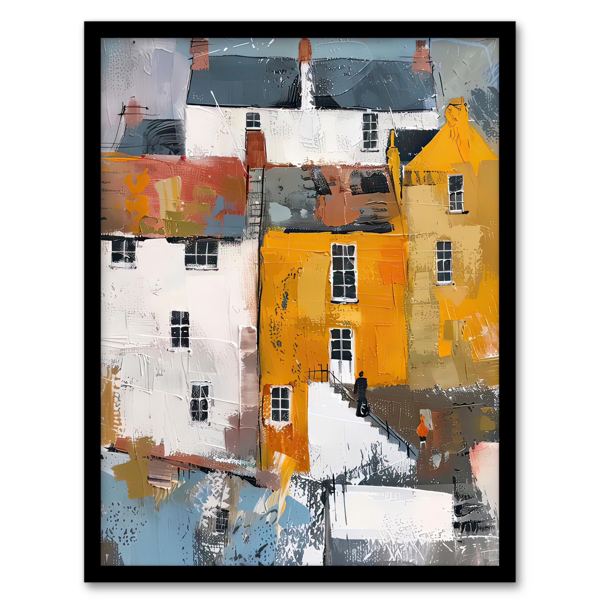 Artery8 Colourful Houses in English Seaside Town Painting Living Room Artwork Framed Wall Art Print A4