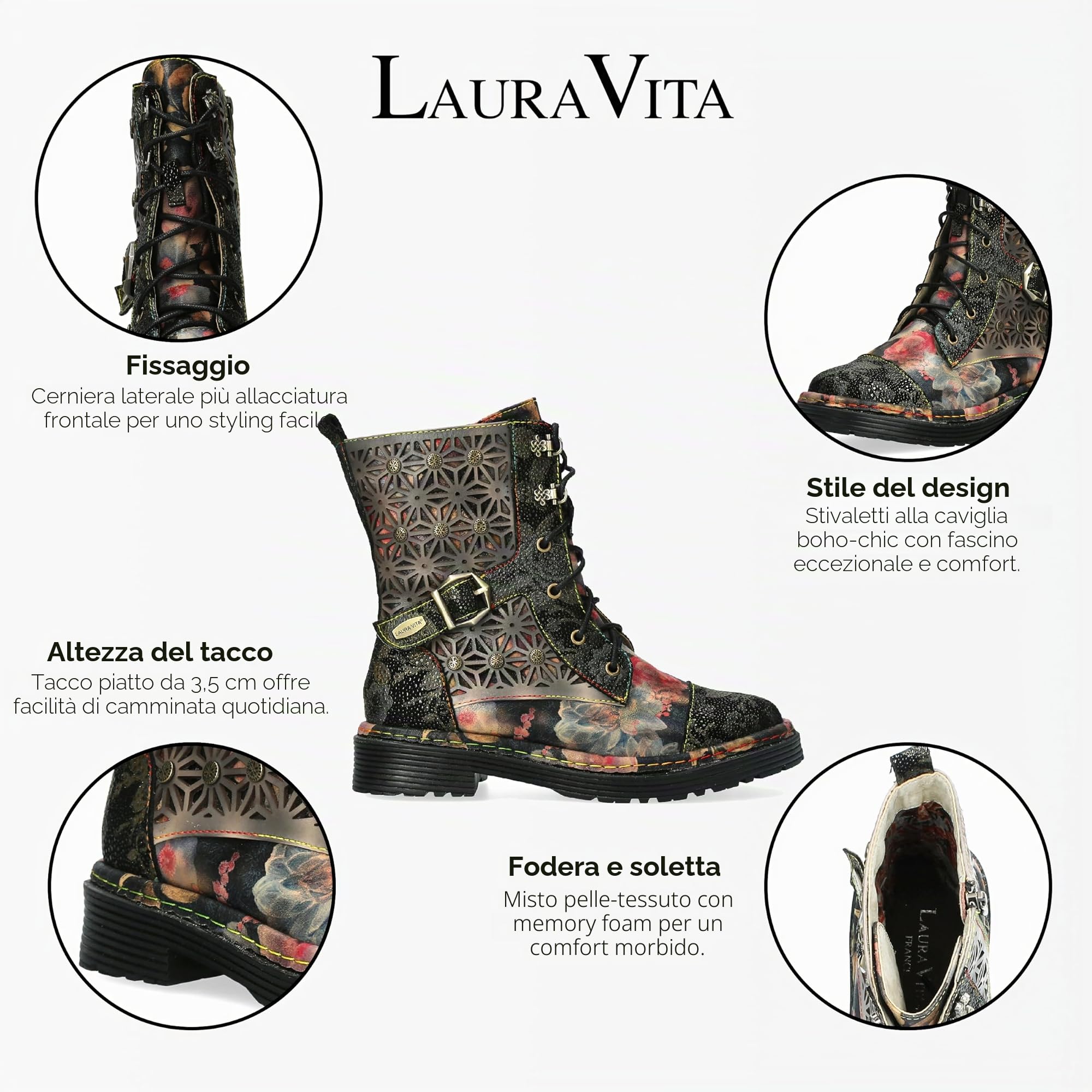 Stivaletti Alti Alla Caviglia con Lacci in Pelle con Motivo Floreale Vittoriano Gotico Incaso-36 da Donna di Laura Vita - Chiusura con Cerniera Laterale