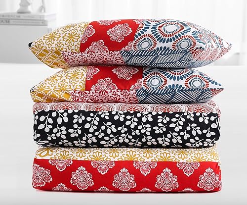 Miniatura 6 de SLEEPBELLA Juego de edredón Queen de microfibra suave para todas las estaciones, diseño bohemio colorido con patrón de rayas bohemias rojas, relleno