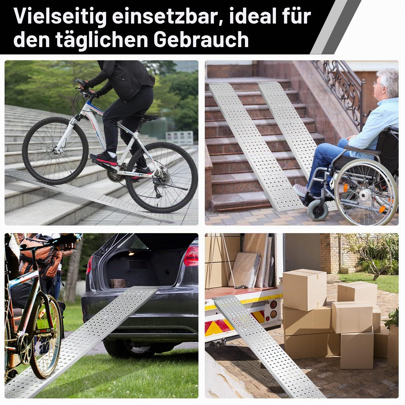 4X Auffahrrampe Alu Motorradrampe Verladerampe Rampe max. 400kg* Pro Paar, verzinkter Stahl Anhängerrampe, Auffahrschiene, Stabil & rutschfest, für Motorrad, Anhänger, 160 * 23.5 * 4cm