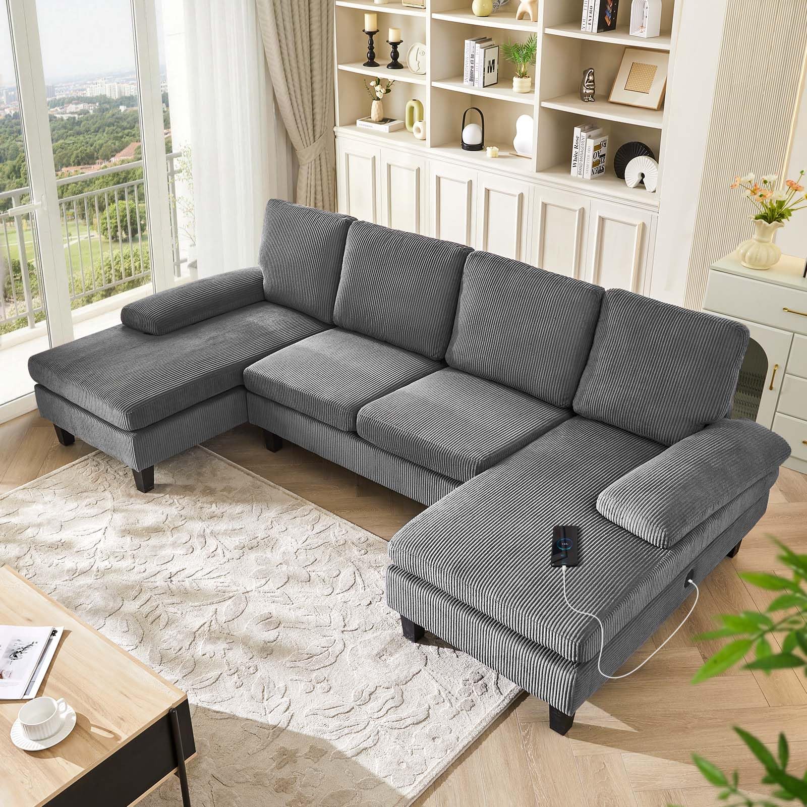 U Shaped Sectional Sofa Couch with USB Charger, Corduroy 4 Seater Couches for Living Room, Corner Sofa with Chaise Lounges & Cushions (Grey)