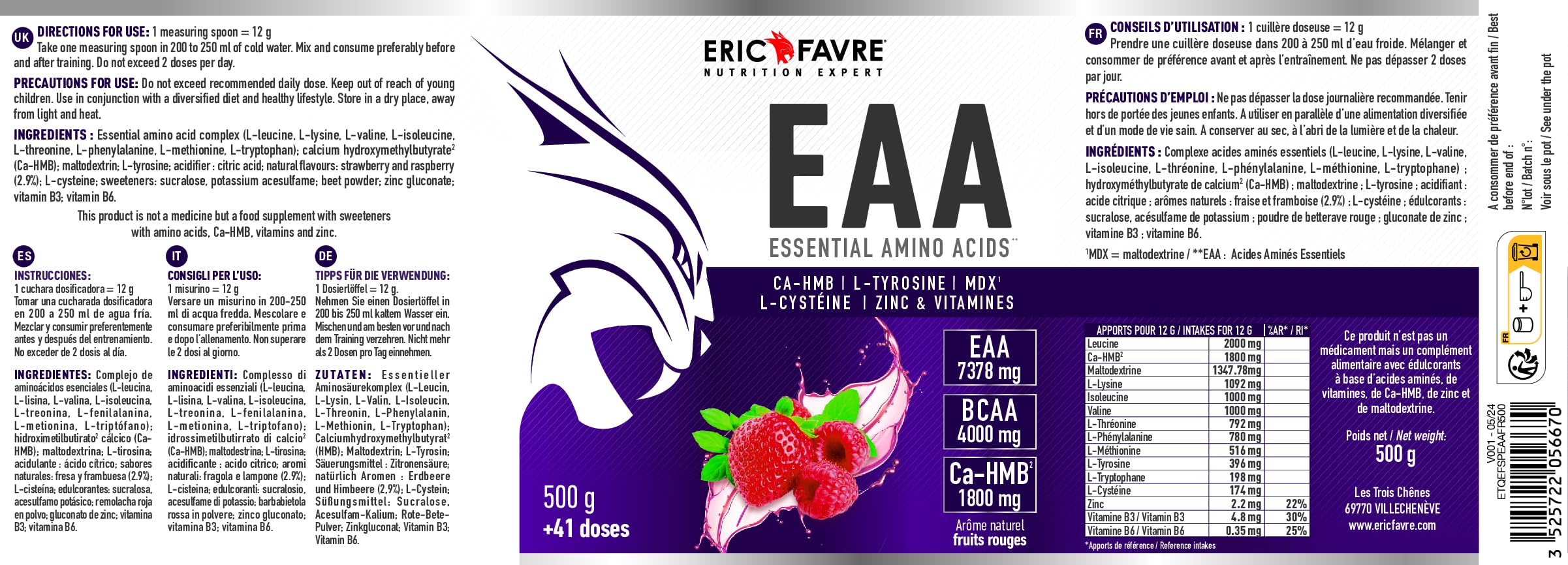 EAA ESSENTIAL AMINO ACIDS - Acides Aminés Essentiels avec CA-HMB, L-Tyrosine, L-Cystéine, Zinc & Vitamines - Formule Énergisante et Réduction de la Fatigue - 500g - Saveur Fruits Rouges - Eric Favre