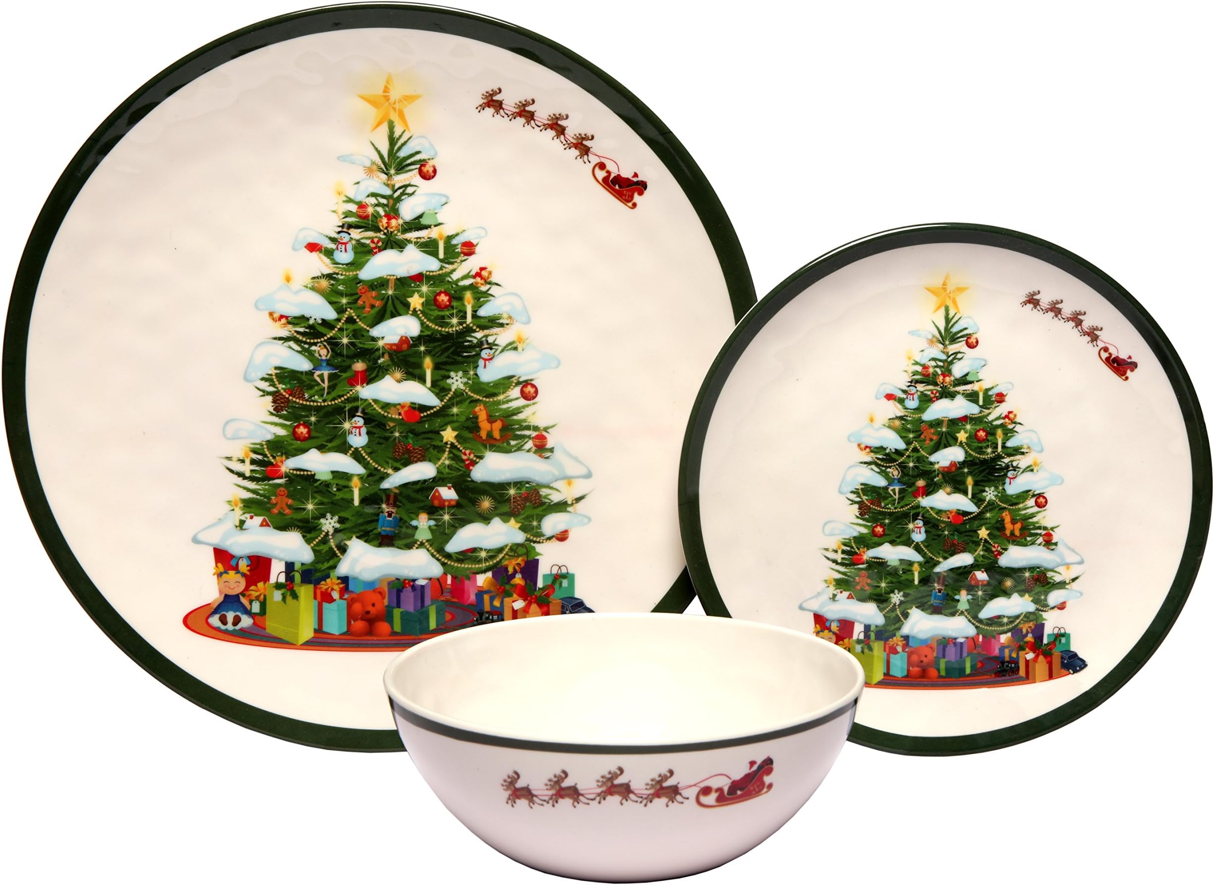 Melange 12-Piece 100% Melamine Dinnerware Set (Christmas Tree Collection ) | Shatter-Proof and Chip-Resistant Melamine Plates and Bowls | Dinner Plate, Salad Plate & Soup Bowl (4 Each)