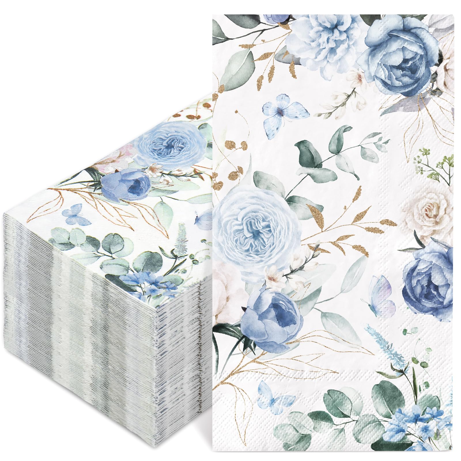 100Pcs Floral Guest Napkin Watercolor Blue Flower Butterfly Disposable Napkin Hand Towel Paper Napkins for Bathroom Spring Wedding Birthday Party