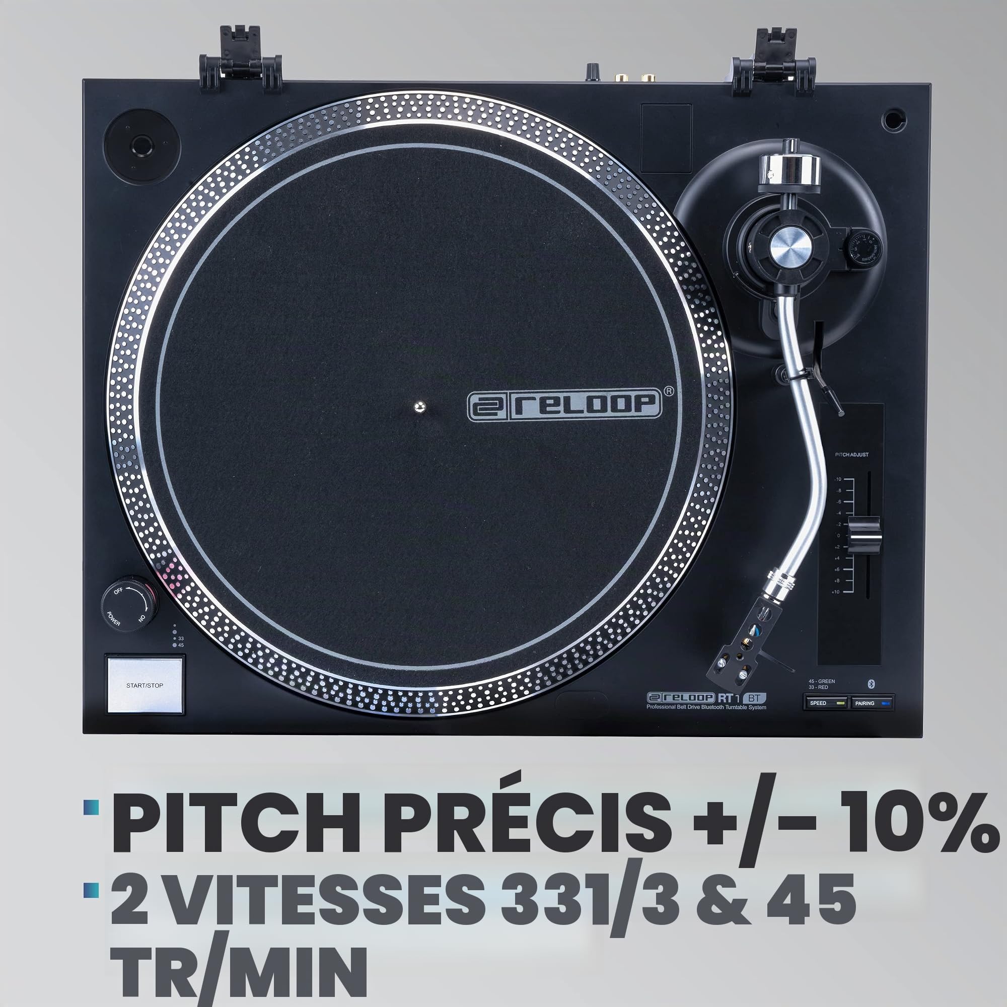 Platine Vinyle Reloop RT-1 BT avec entraînement par Courroie pour Applications DJ et Hi-FI, Sortie Bluetooth pour Connexion sans Fil avec des Haut-parleurs Bluetooth