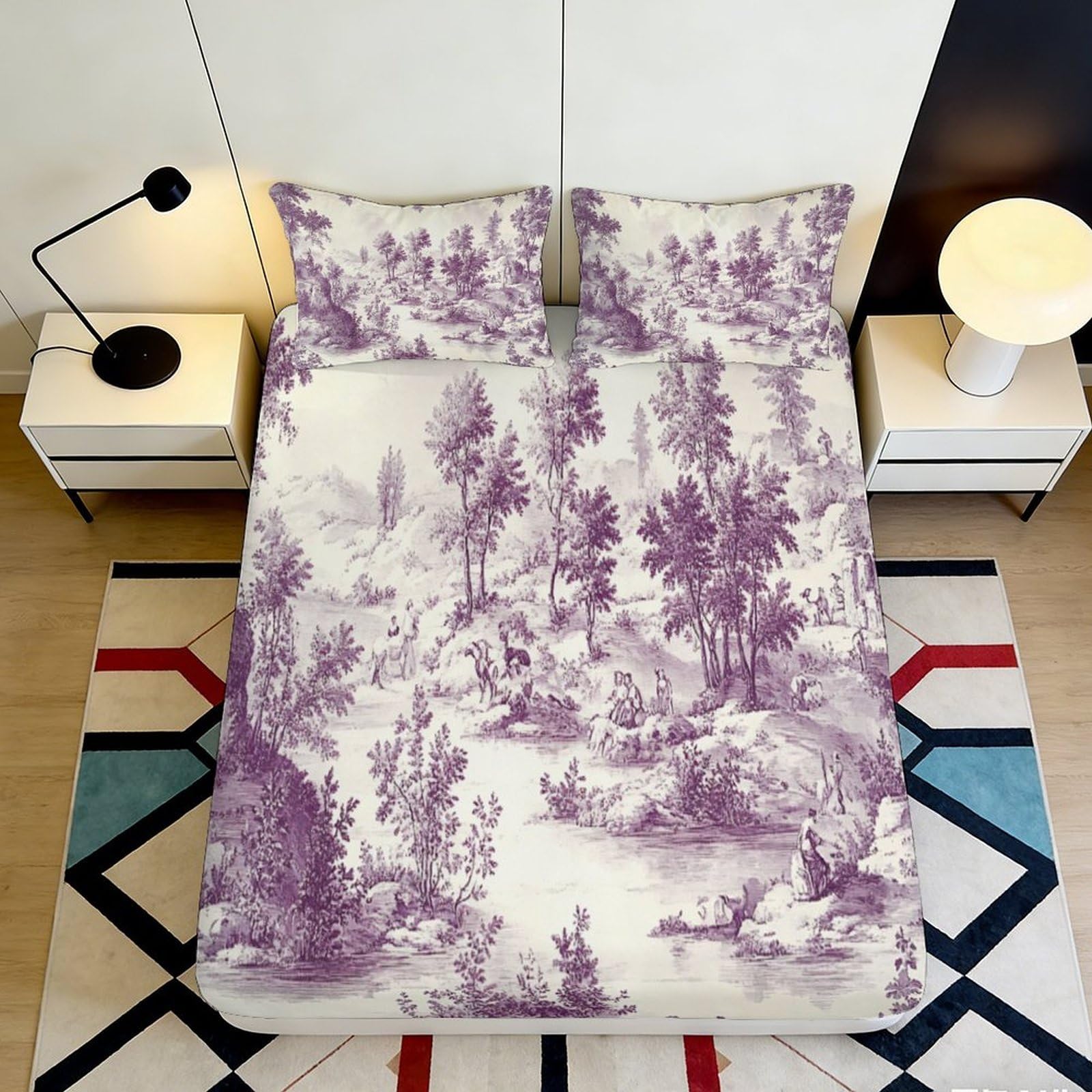 Pnayamiorkfel Style-2 3D Printed Vintage Pastoral Scene Fitted Sheet Microfiber Purple Toile Mattress Cover Bedroom Decor Anti-Slip Washable 90X200x25cm