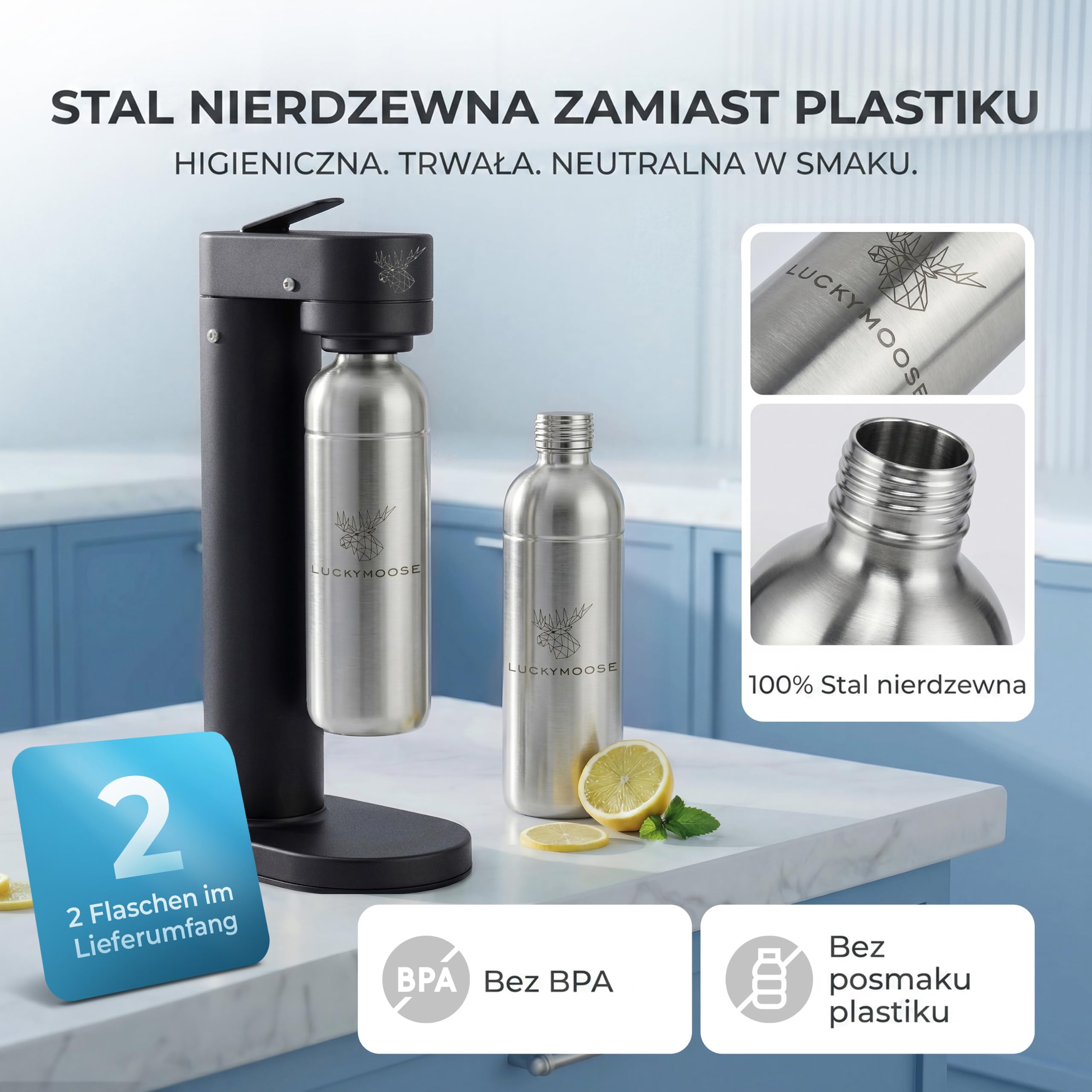 Luckymoose Infinity-S Saturator z wysokiej jakości stali nierdzewnej (Black/Silver) – w zestawie 2x butelki stalowe 1,25L – wyjątkowo higieniczna wyjmowana dysza – Trwała maszyna do wody gazowanej CO₂