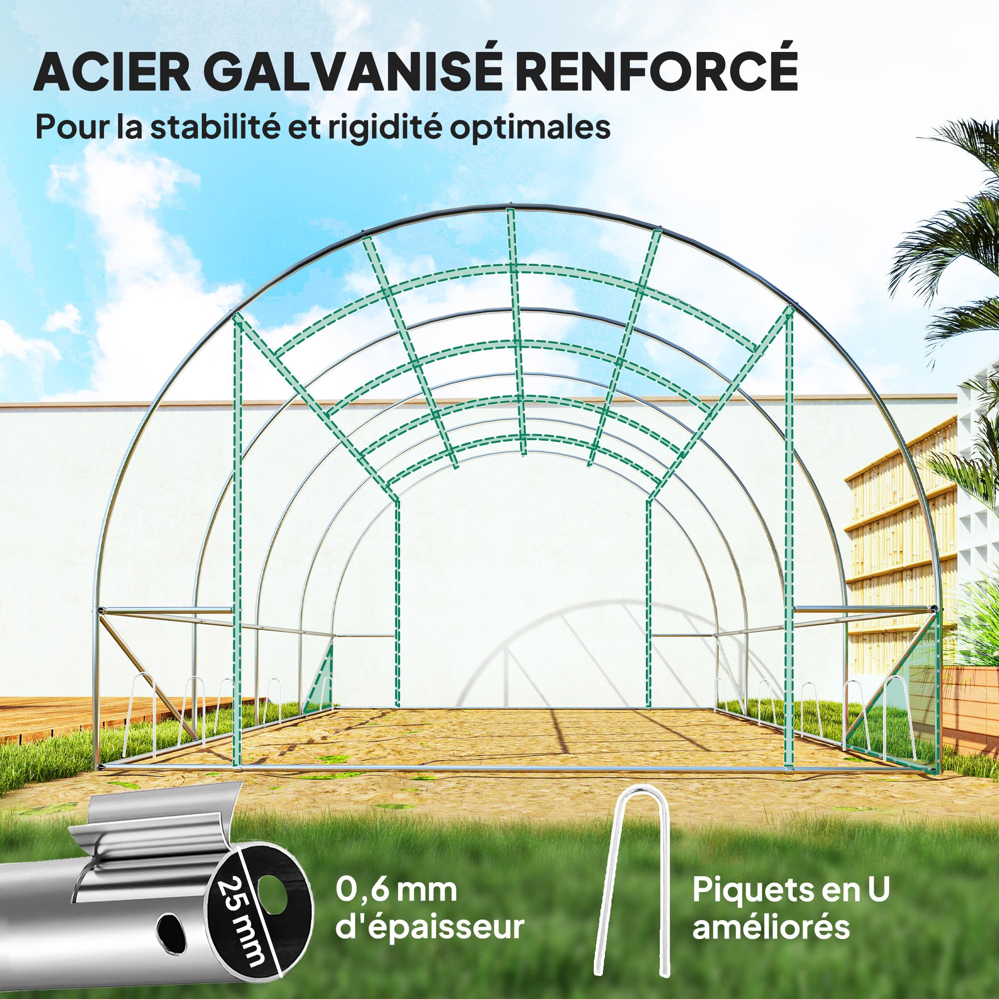 Outsunny Serre de Jardin 12 m² Tunnel 8 Fenêtres Maille 3 x 4 x 2 m Vert